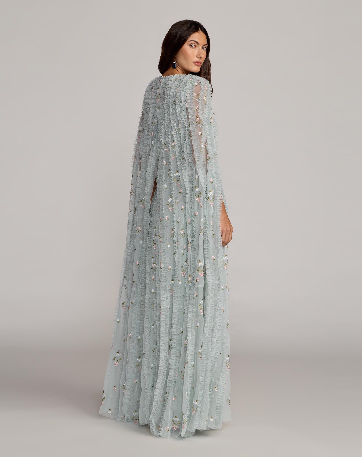 Blue Embroidered High Neck Cape Sleeve Gown - Mac Duggal