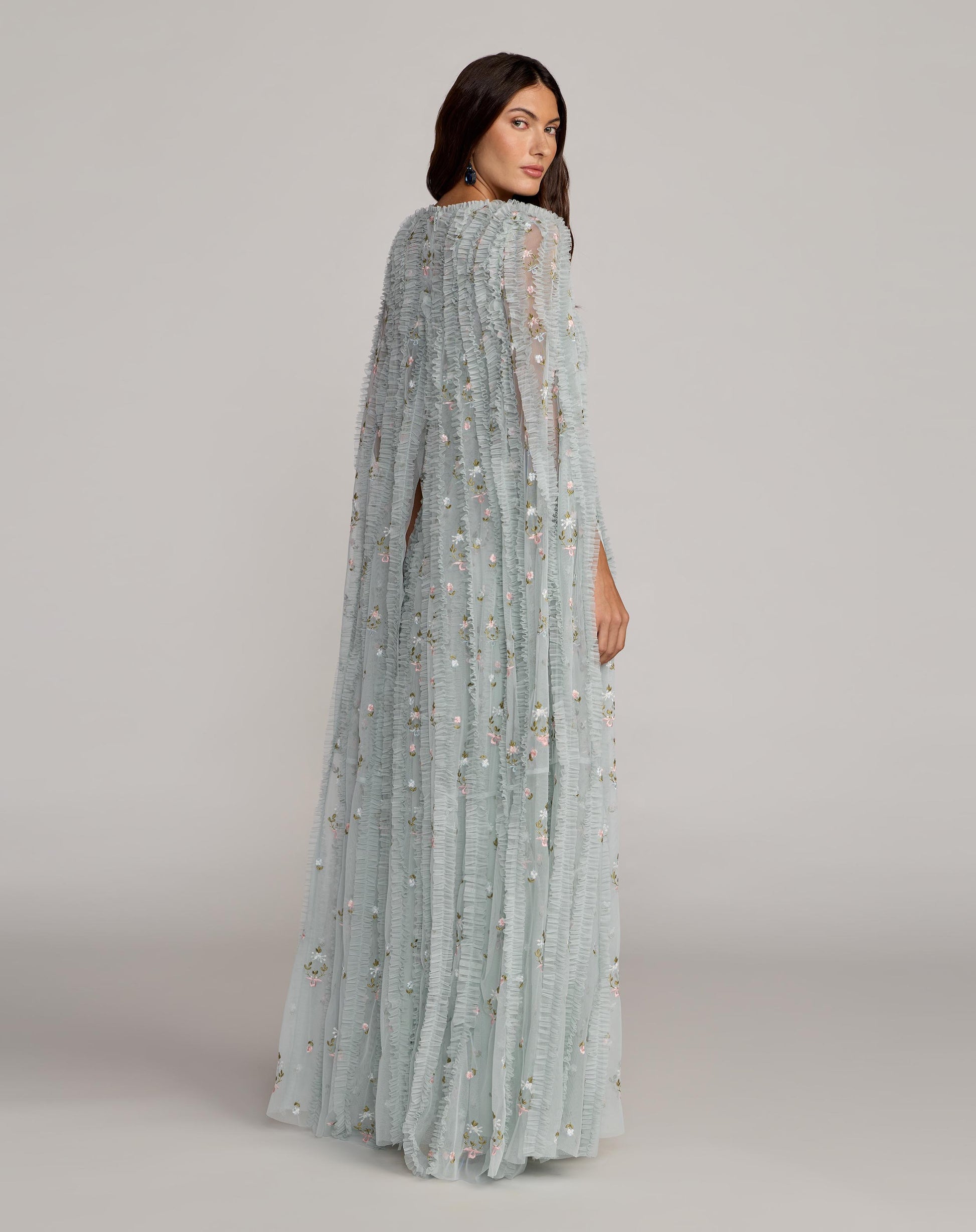Blue Embroidered High Neck Cape Sleeve Gown - Mac Duggal
