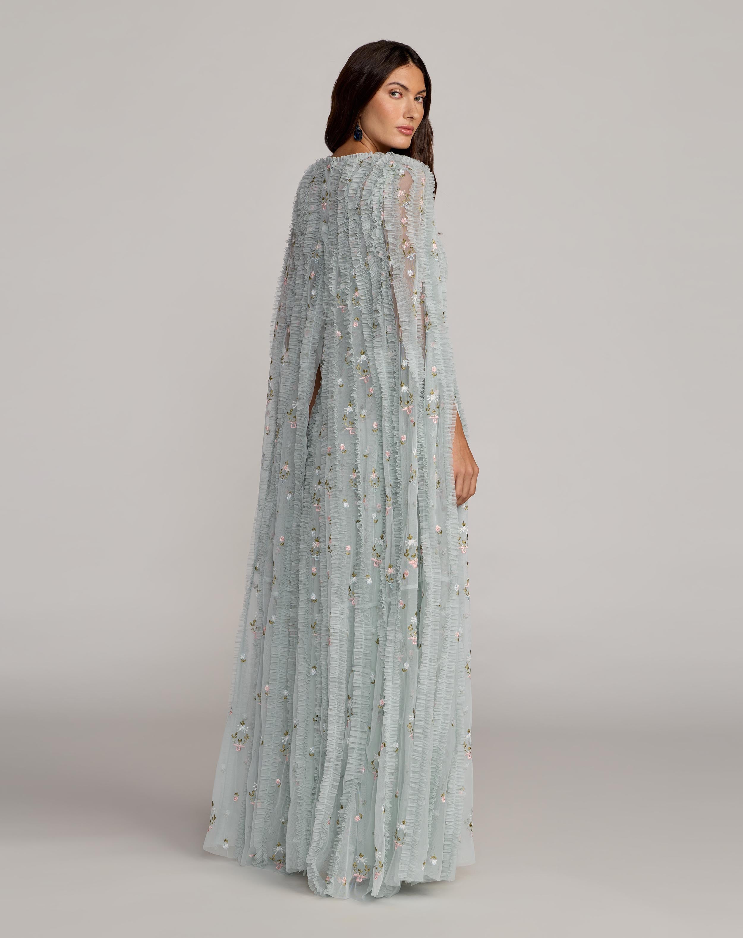 Blue Embroidered High Neck Cape Sleeve Gown - Mac Duggal