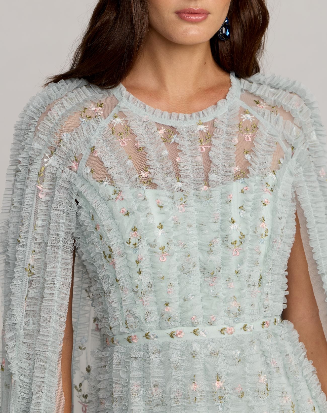 Blue Embroidered High Neck Cape Sleeve Gown - Mac Duggal