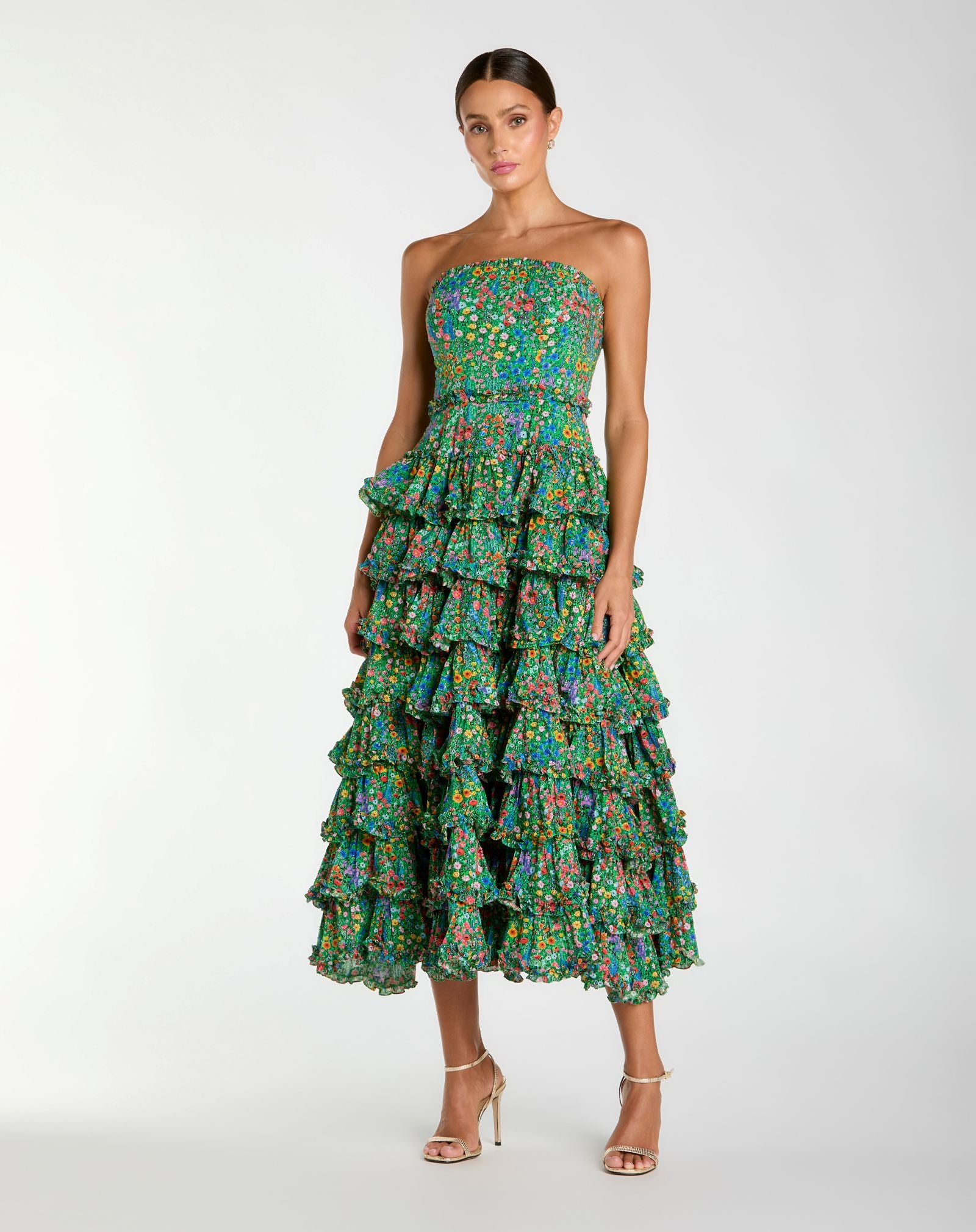 Green Strapless Floral Cotton Ruffle Midi Dress - Mac Duggal