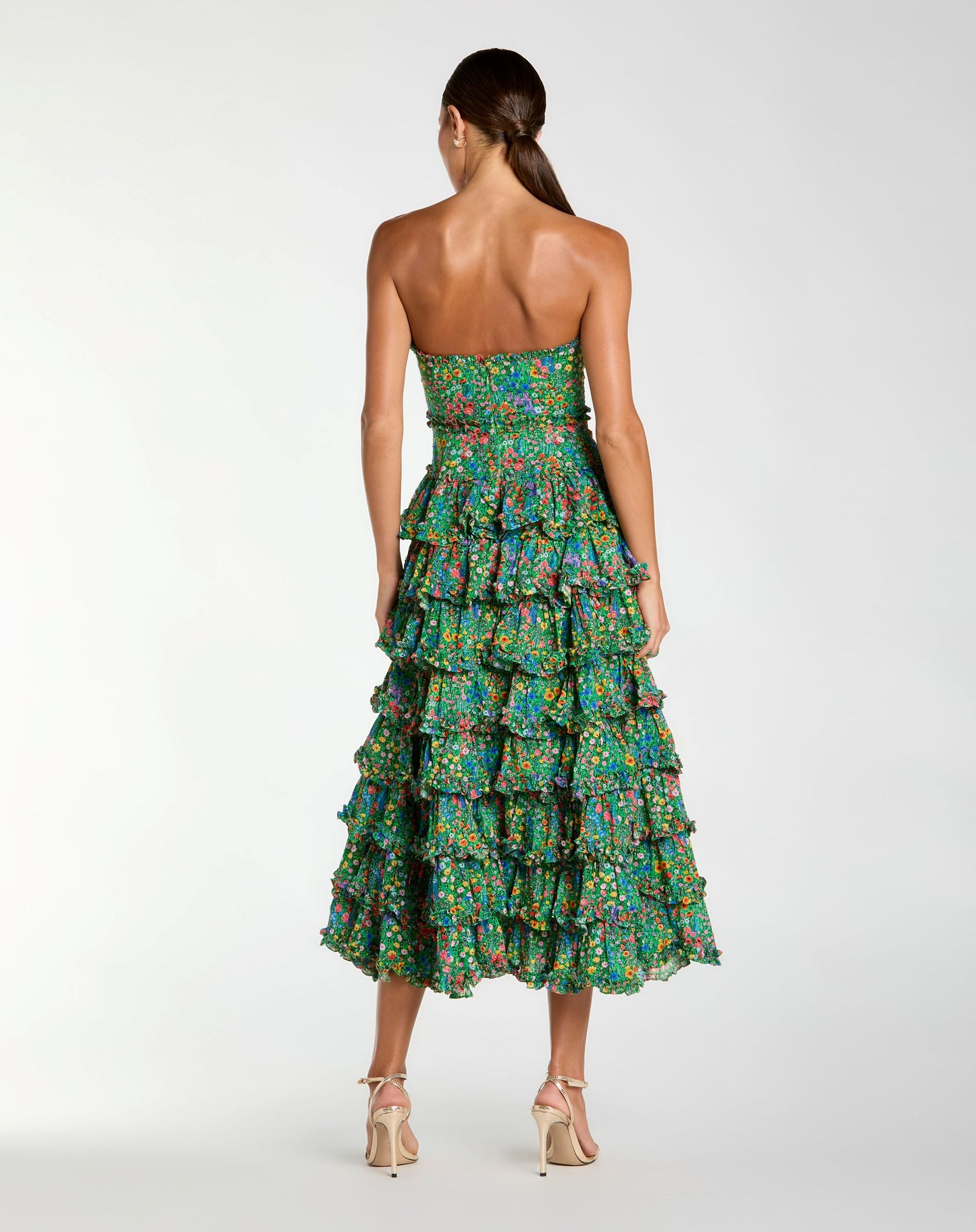 Green Strapless Floral Cotton Ruffle Midi Dress - Mac Duggal