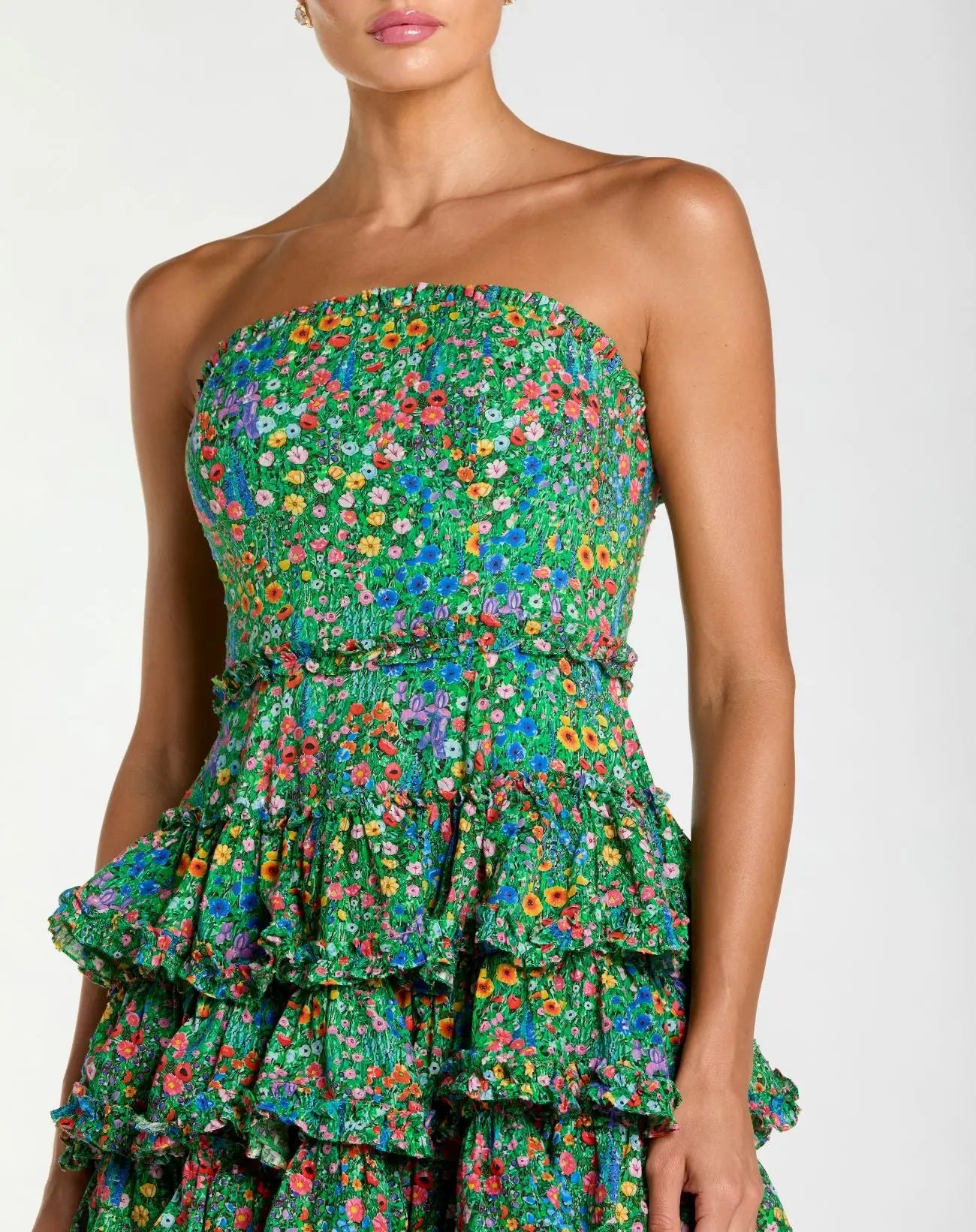 mac duggal strapless tiered ruffled a-line midi dress Mac Duggal Mesh Ruffle Strapless Midi Dress