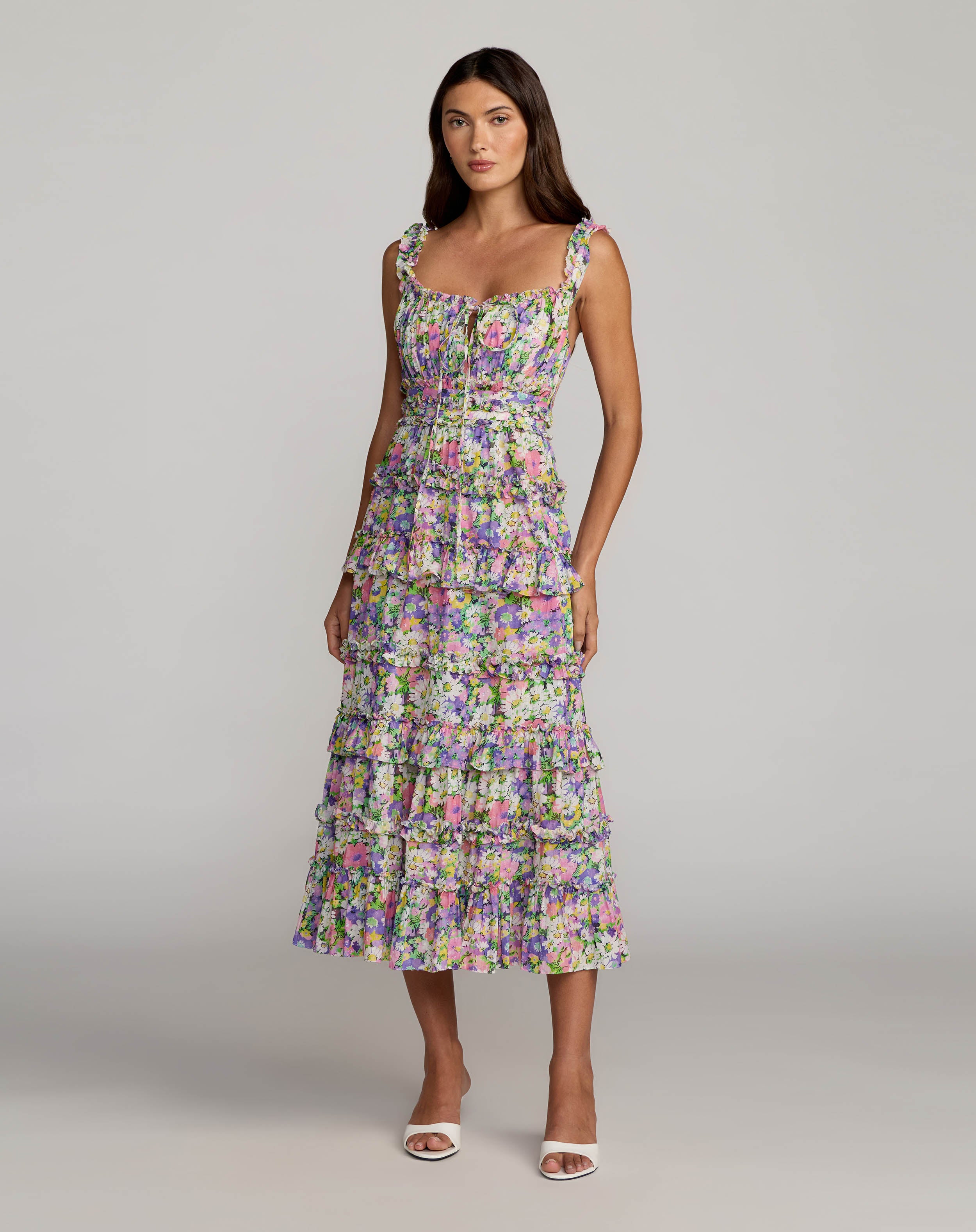 Multicolor Floral Ruffle A-Line Cotton Midi Dress Mac Duggal