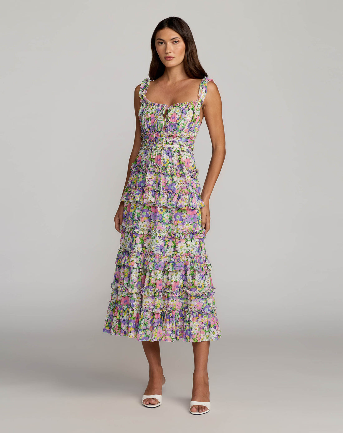 Multicolor Floral Ruffle A-Line Cotton Midi Dress Mac Duggal