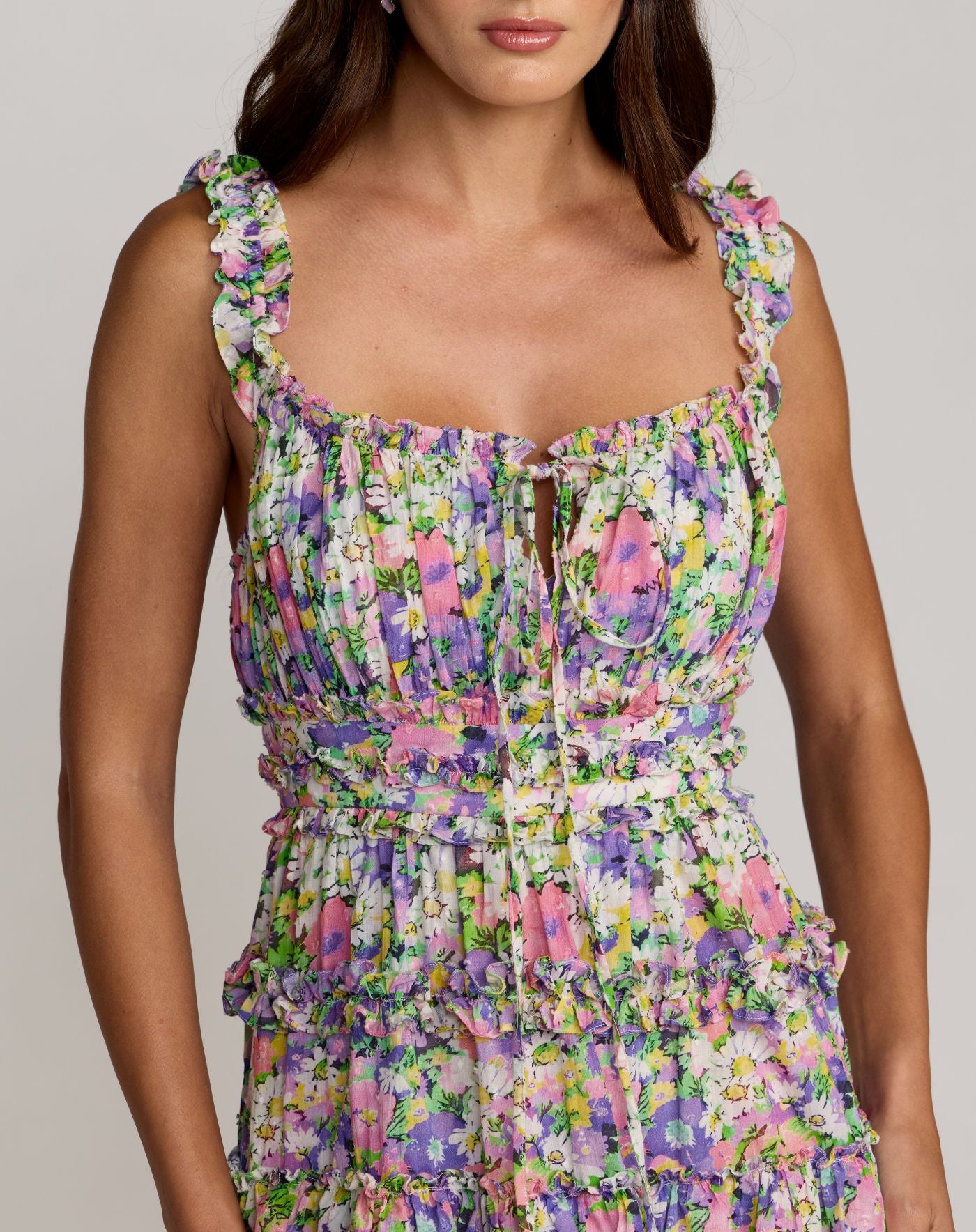 Multicolor Floral Ruffle A-Line Cotton Midi Dress