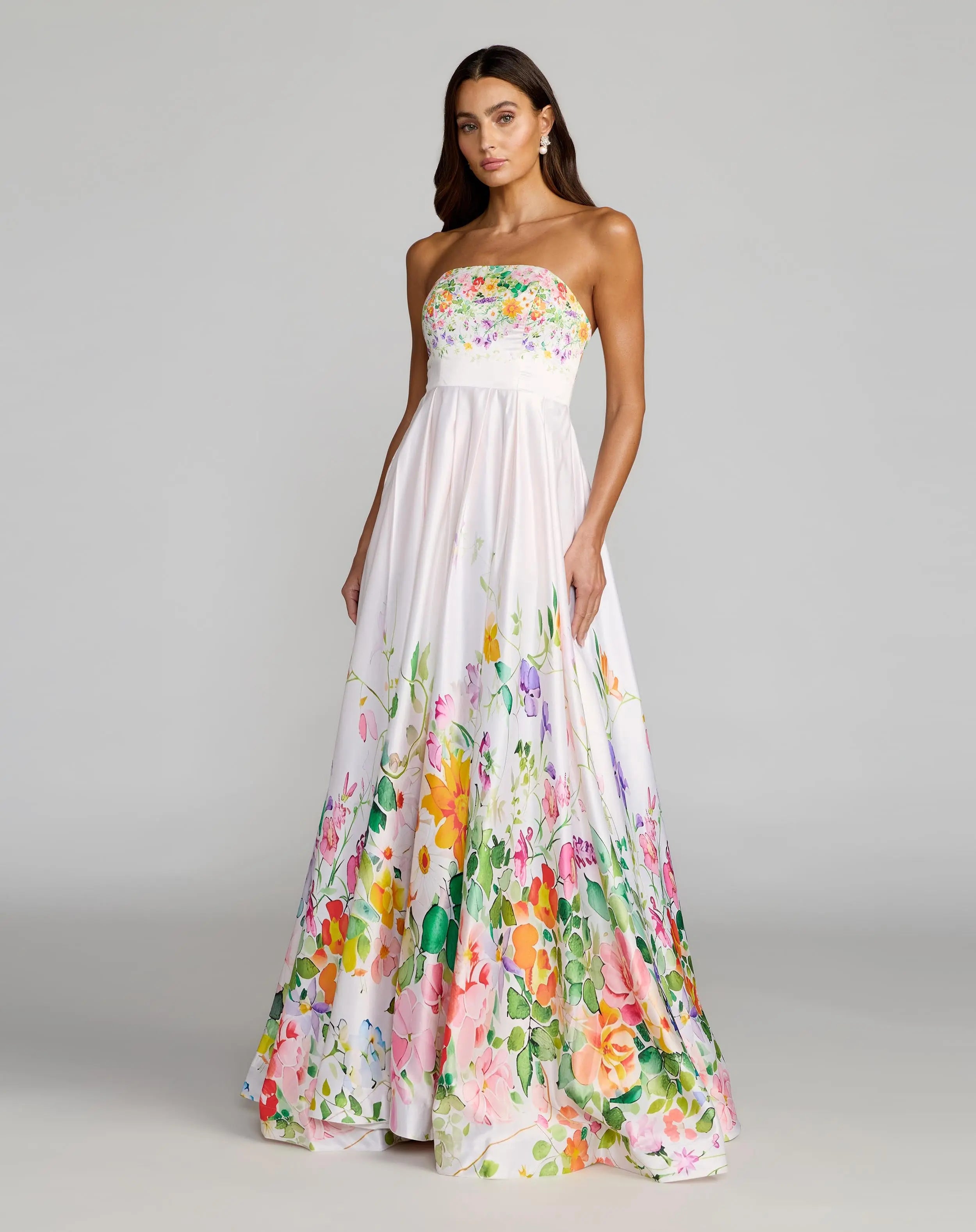 Multicolor Floral Strapless Ruffle Hem Mermaid Gown