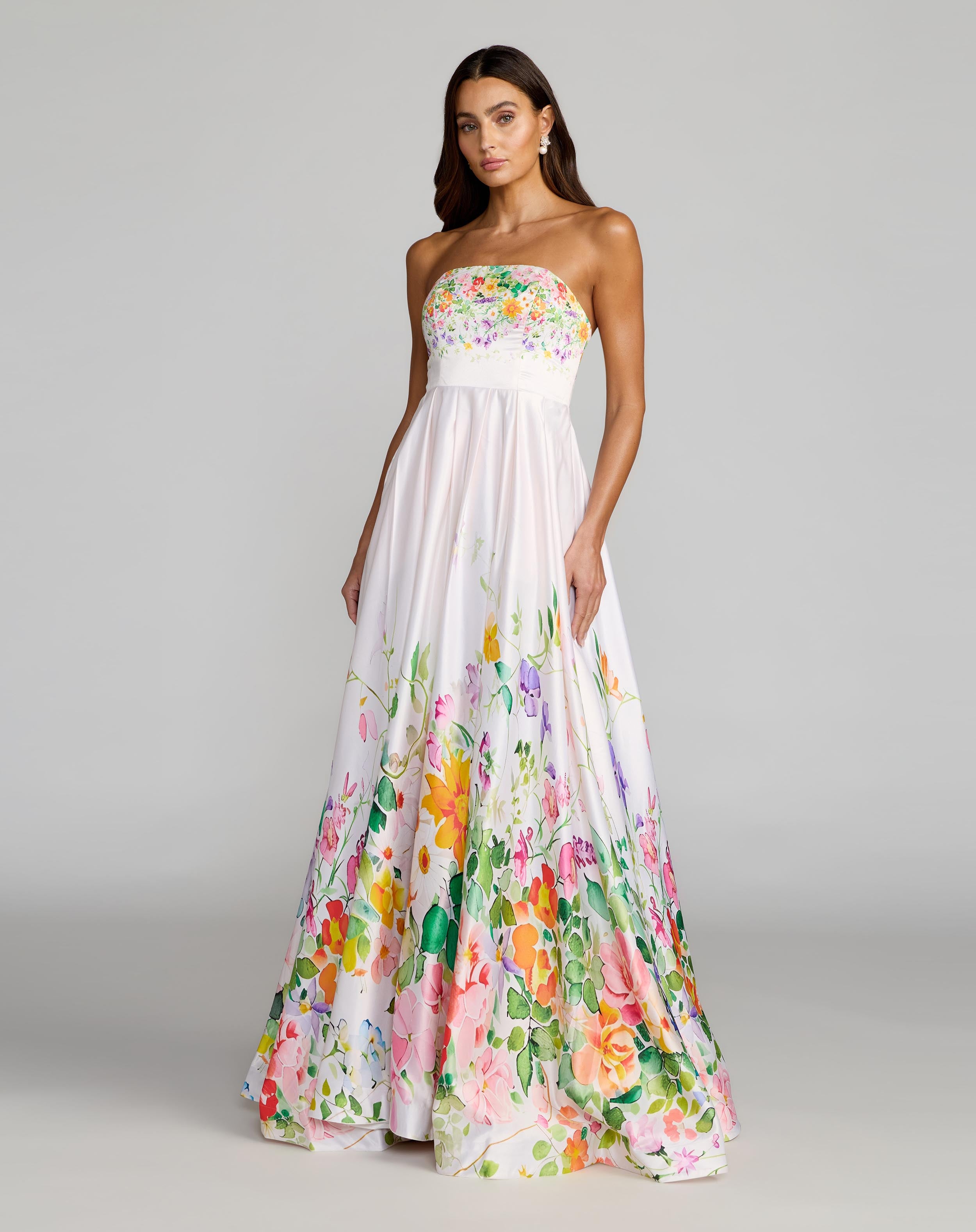 White Floral Print Strapless Satin A Line Gown With Pockets - Mac Duggal