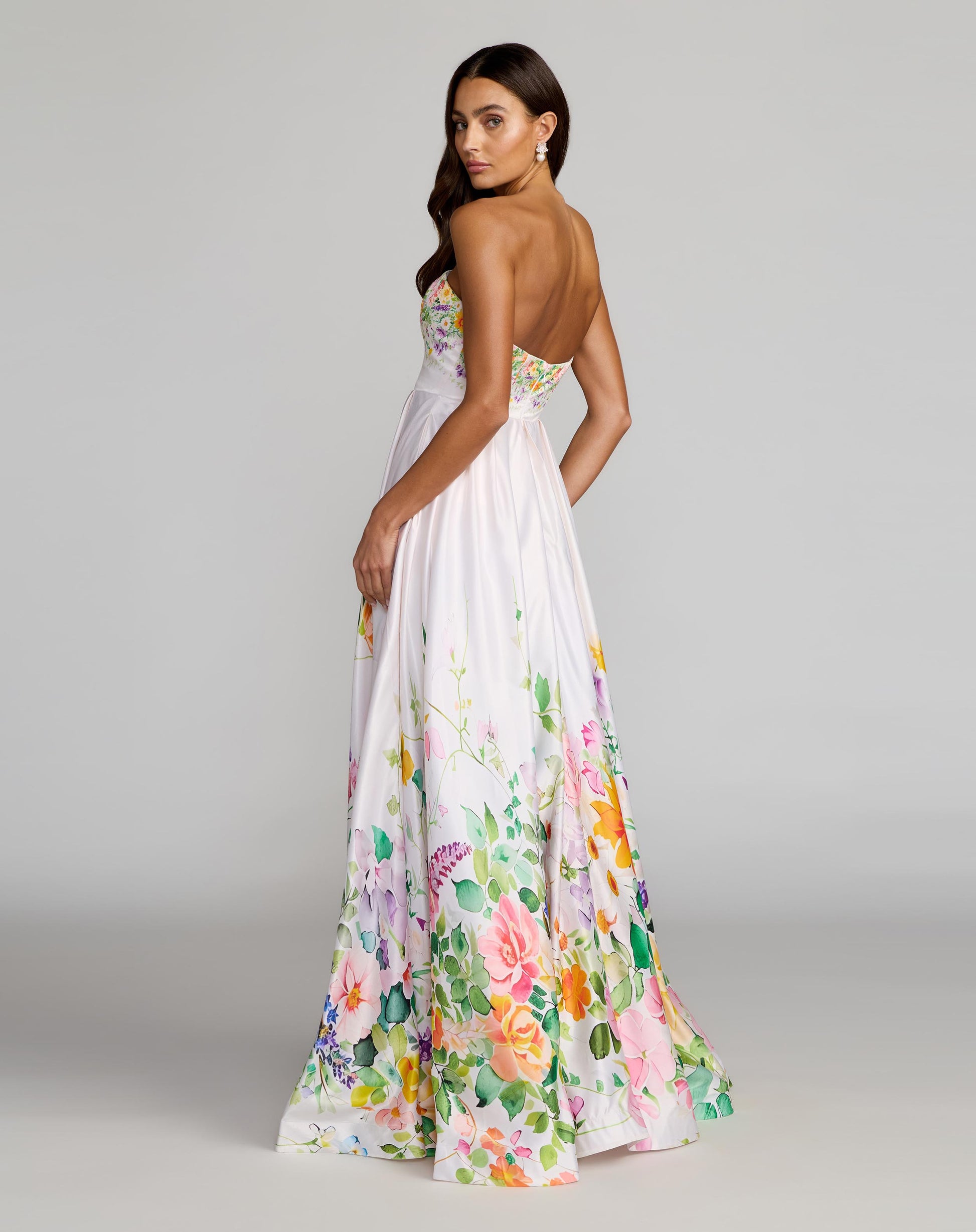 White Floral Print Strapless Satin A Line Gown With Pockets - Mac Duggal