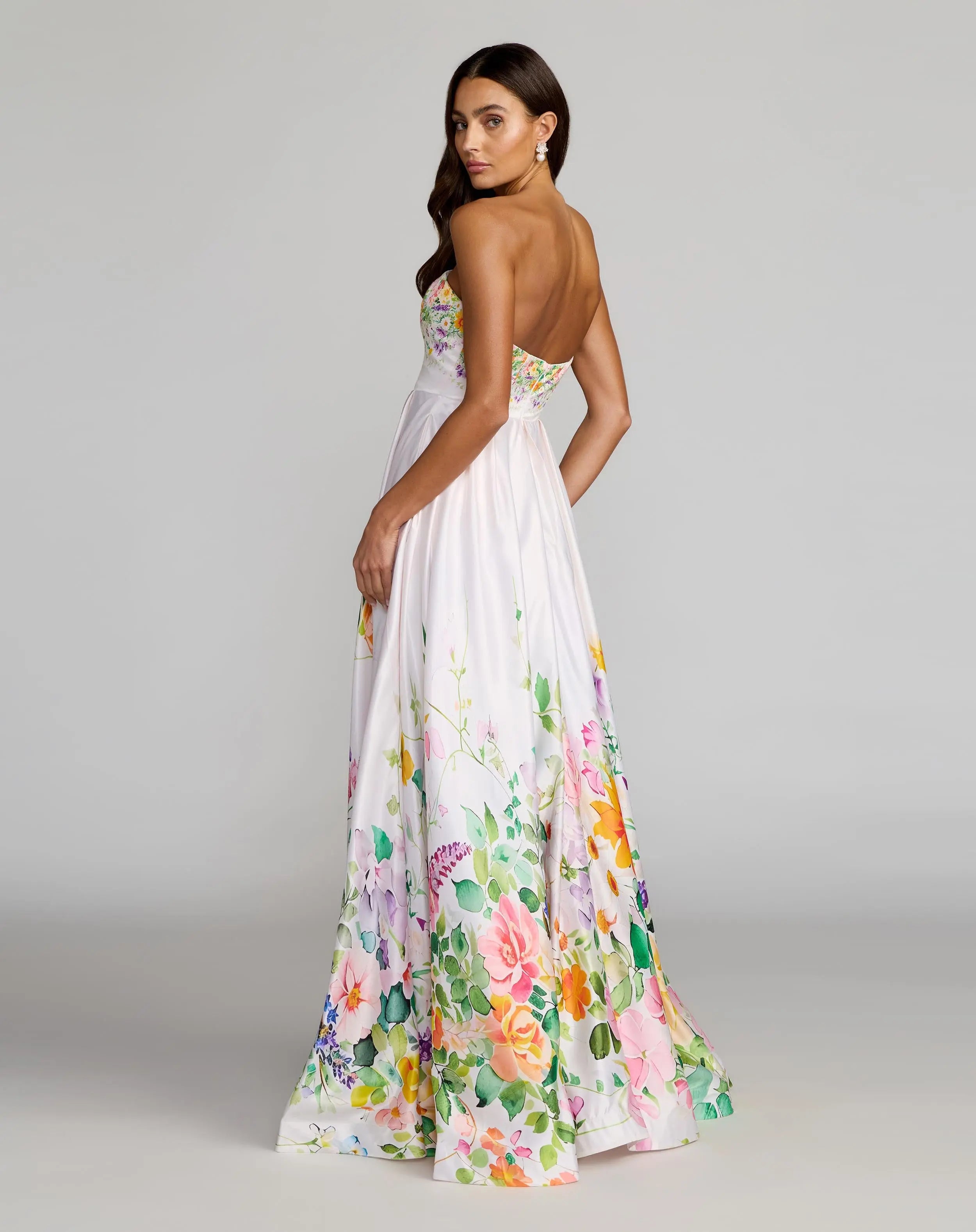 White Floral Print Strapless Satin A Line Gown With Pockets - Mac Duggal