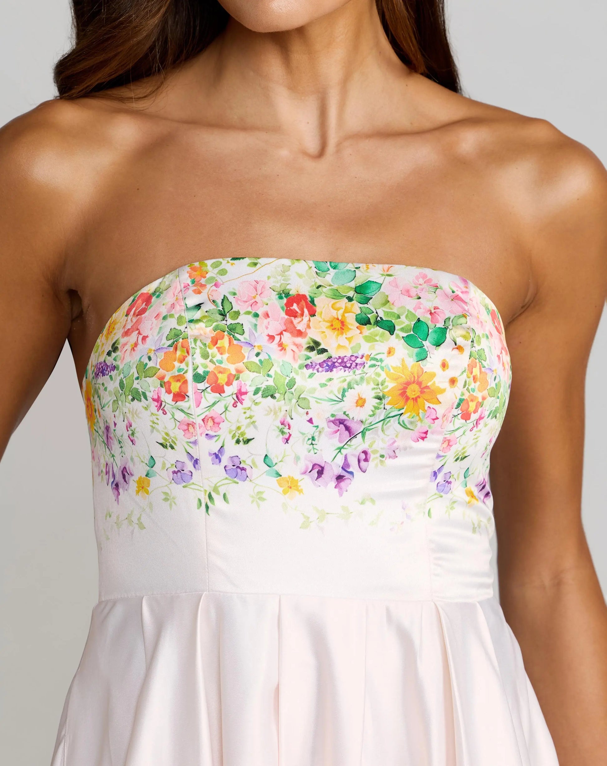 White Floral Print Strapless Satin A Line Gown With Pockets | Mac Duggal White Floral Print Strapless Satin A Line Gown With Pockets | Mac Duggal