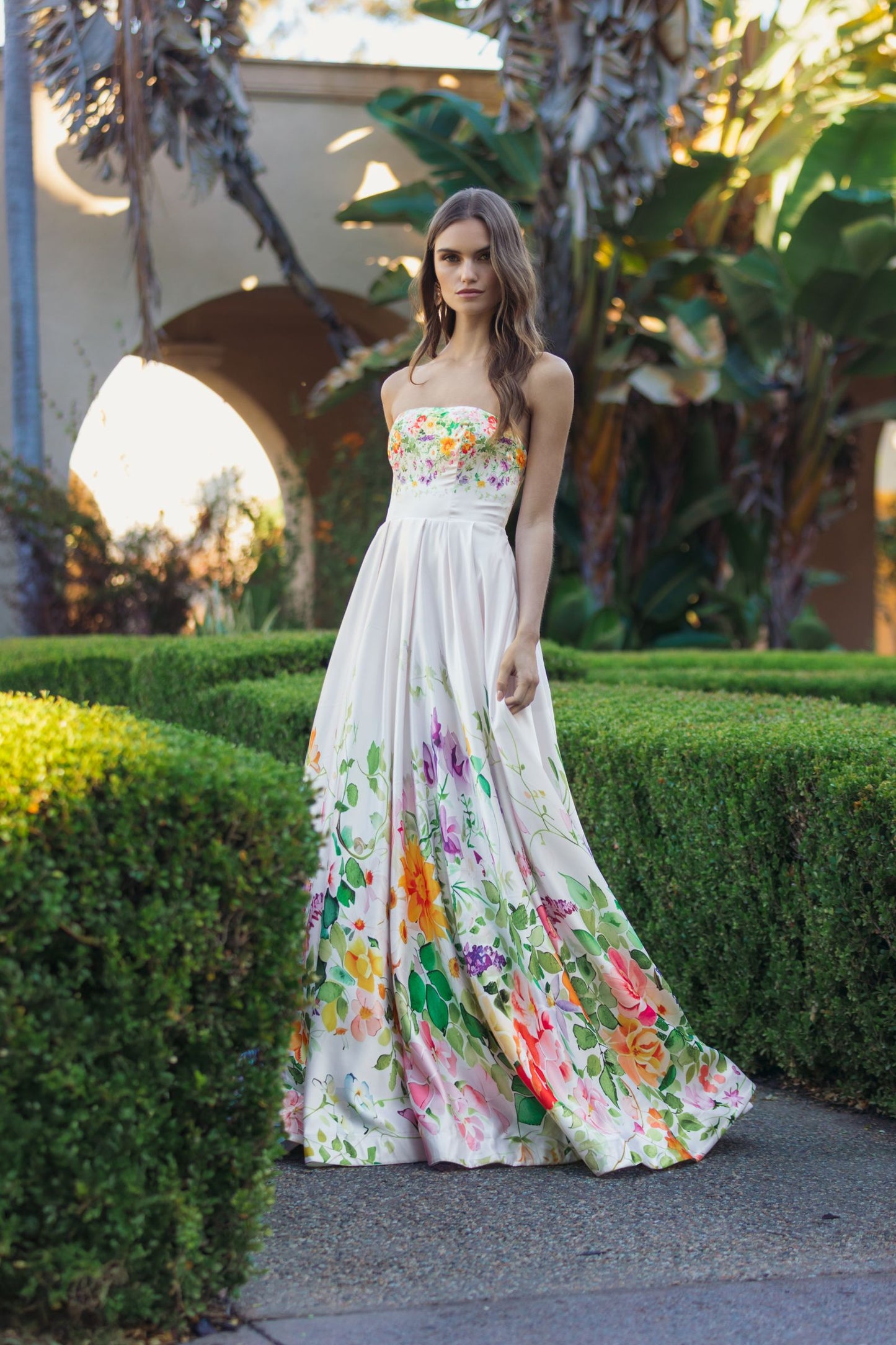 White Floral Print Strapless Satin A Line Gown With Pockets - Mac Duggal