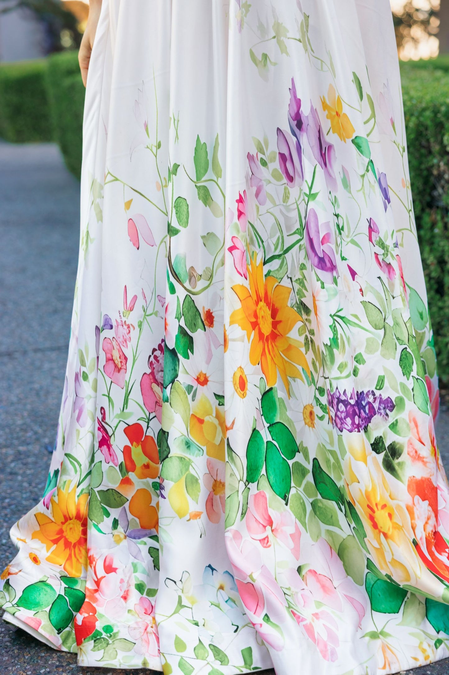 White Floral Print Strapless Satin A Line Gown With Pockets - Mac Duggal