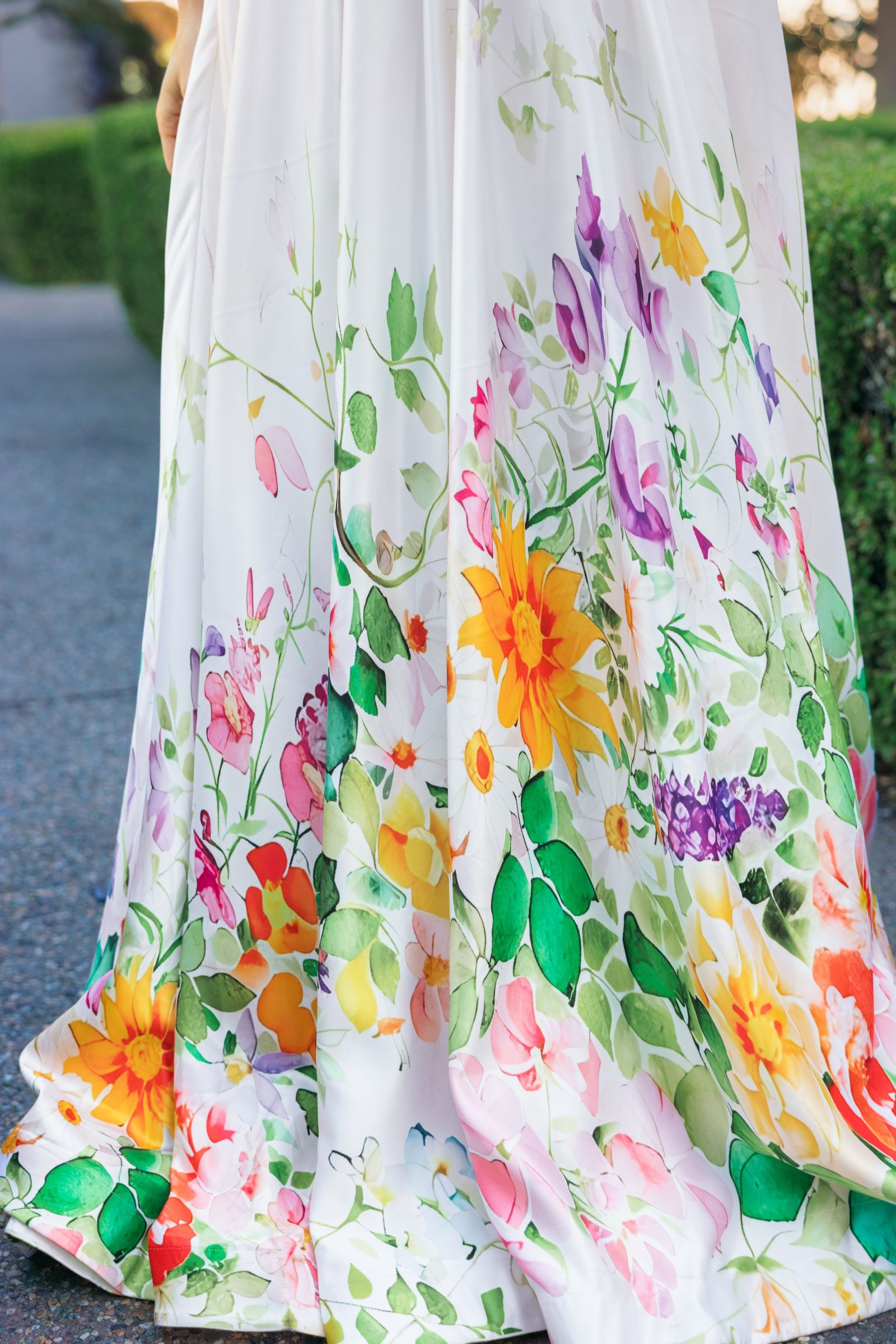 White Floral Print Strapless Satin A Line Gown With Pockets - Mac Duggal