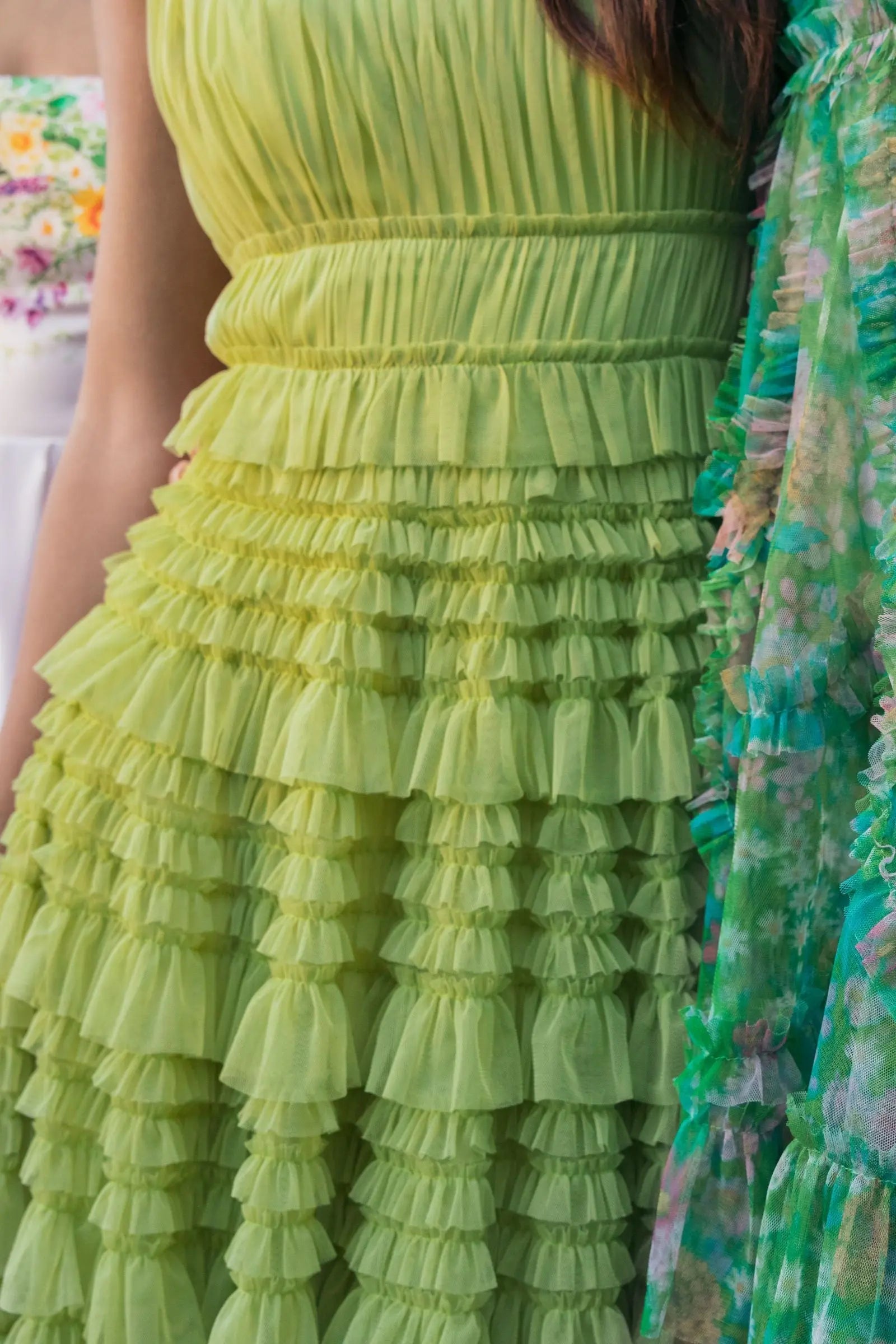 Green Micro Ruffle Sleeveless Scoop Neck Maxi Dress | Mac Duggal Green Micro Ruffle Sleeveless Scoop Neck Maxi Dress | Mac Duggal