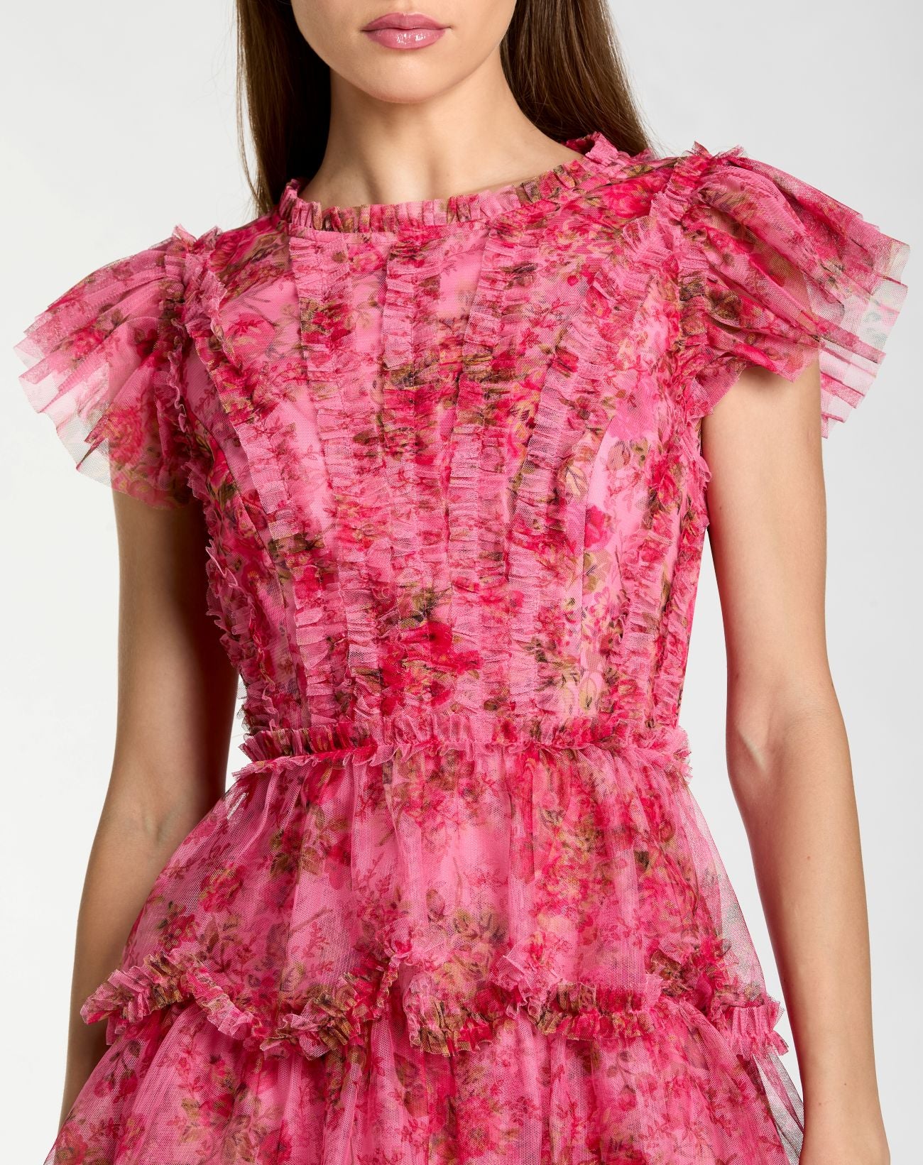 Pink Floral High Neck Cap Sleeve Ruffle Mini Dress - Mac Duggal
