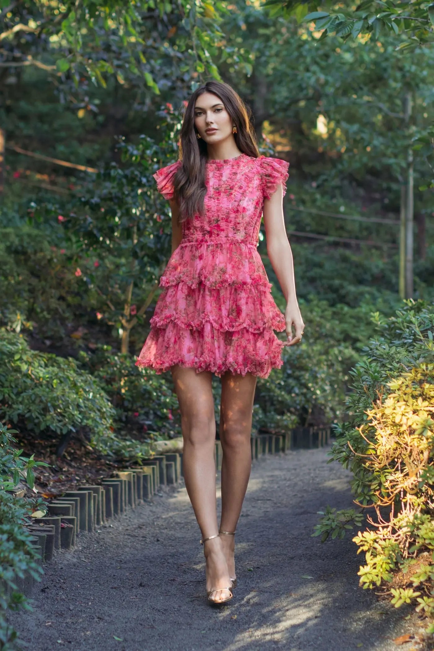 knee length dresses for ladies Pink Floral High Neck Cap Sleeve Ruffle Mini Dress