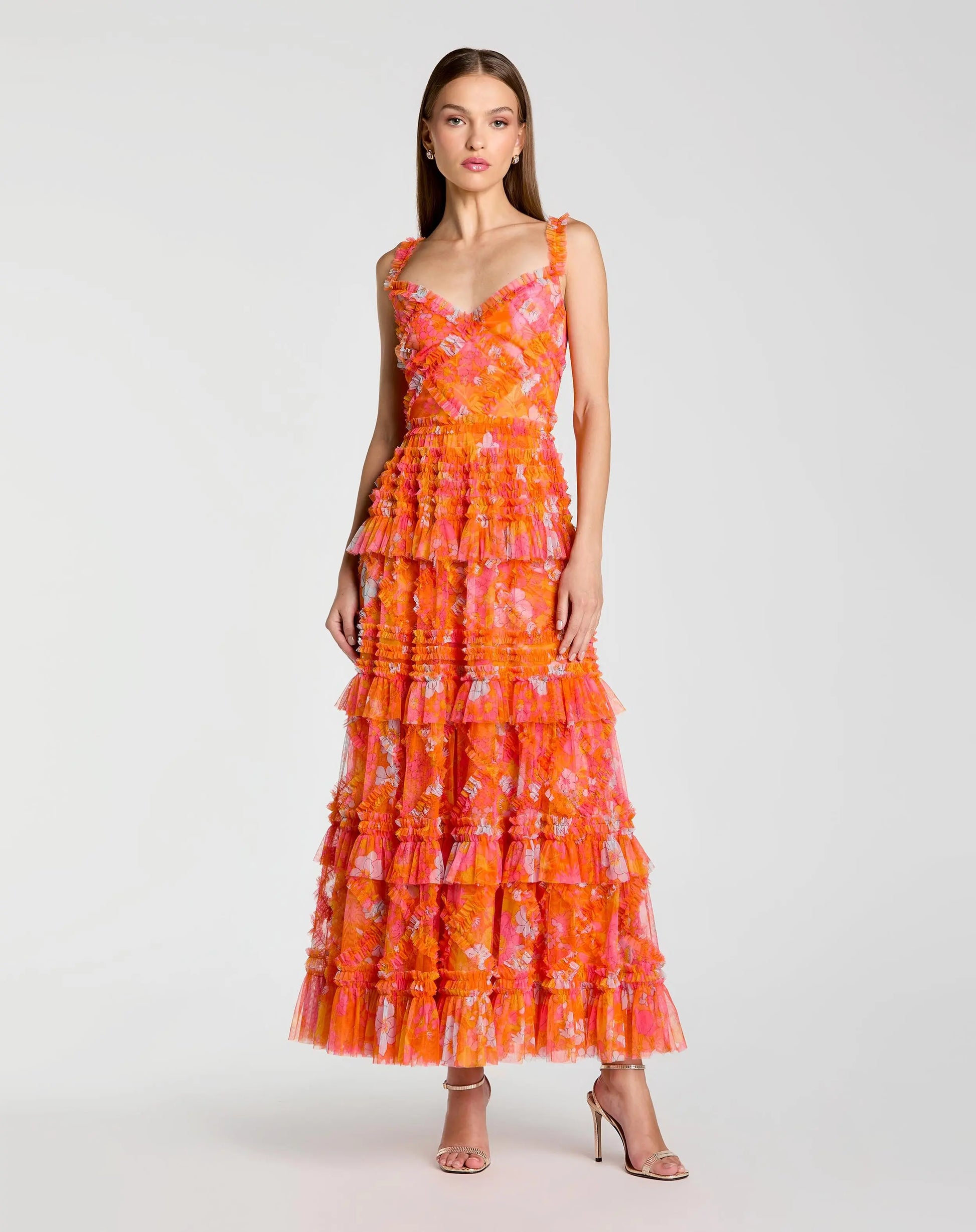 Orange Sleeveless Floral Ruffle A-Line Maxi Dress | Mac Duggal Orange Sleeveless Floral Ruffle A-Line Maxi Dress | Mac Duggal
