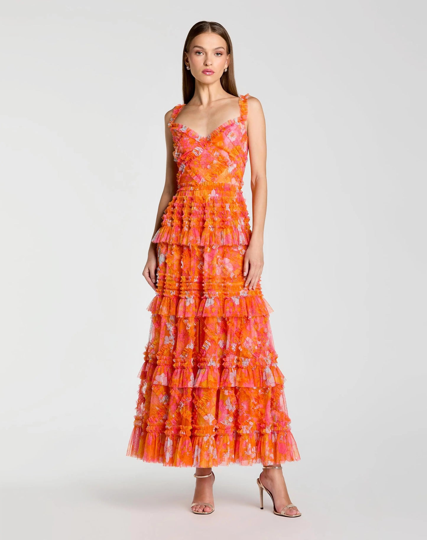 Orange Sleeveless Floral Ruffle A-Line Maxi Dress - Mac Duggal