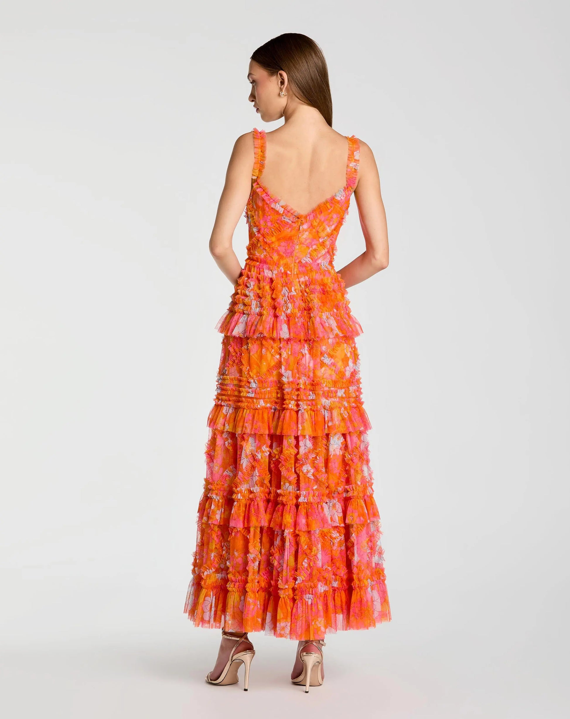 Orange Sleeveless Floral Ruffle A-Line Maxi Dress | Mac Duggal Orange Sleeveless Floral Ruffle A-Line Maxi Dress | Mac Duggal