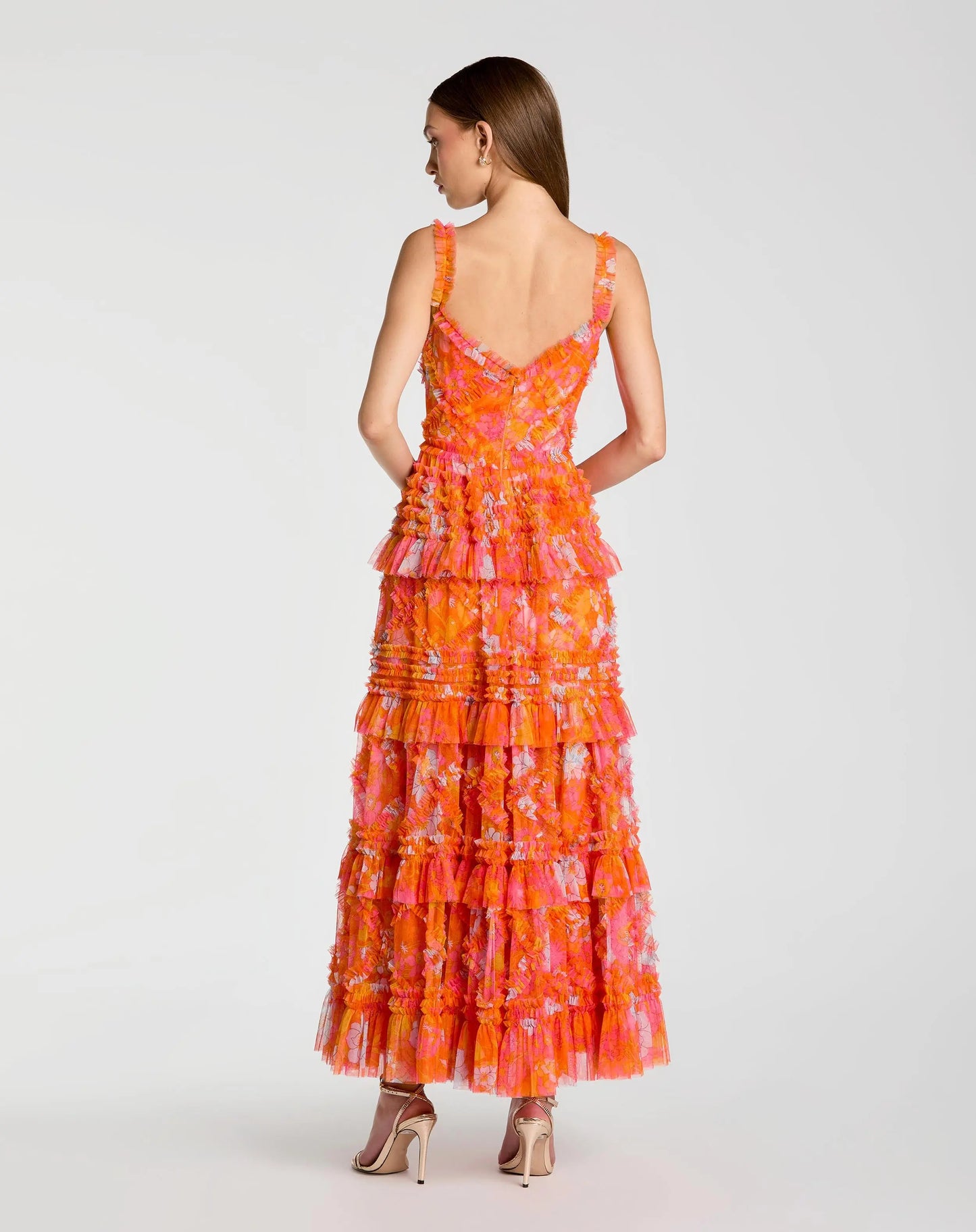 Orange Sleeveless Floral Ruffle A-Line Maxi Dress - Mac Duggal
