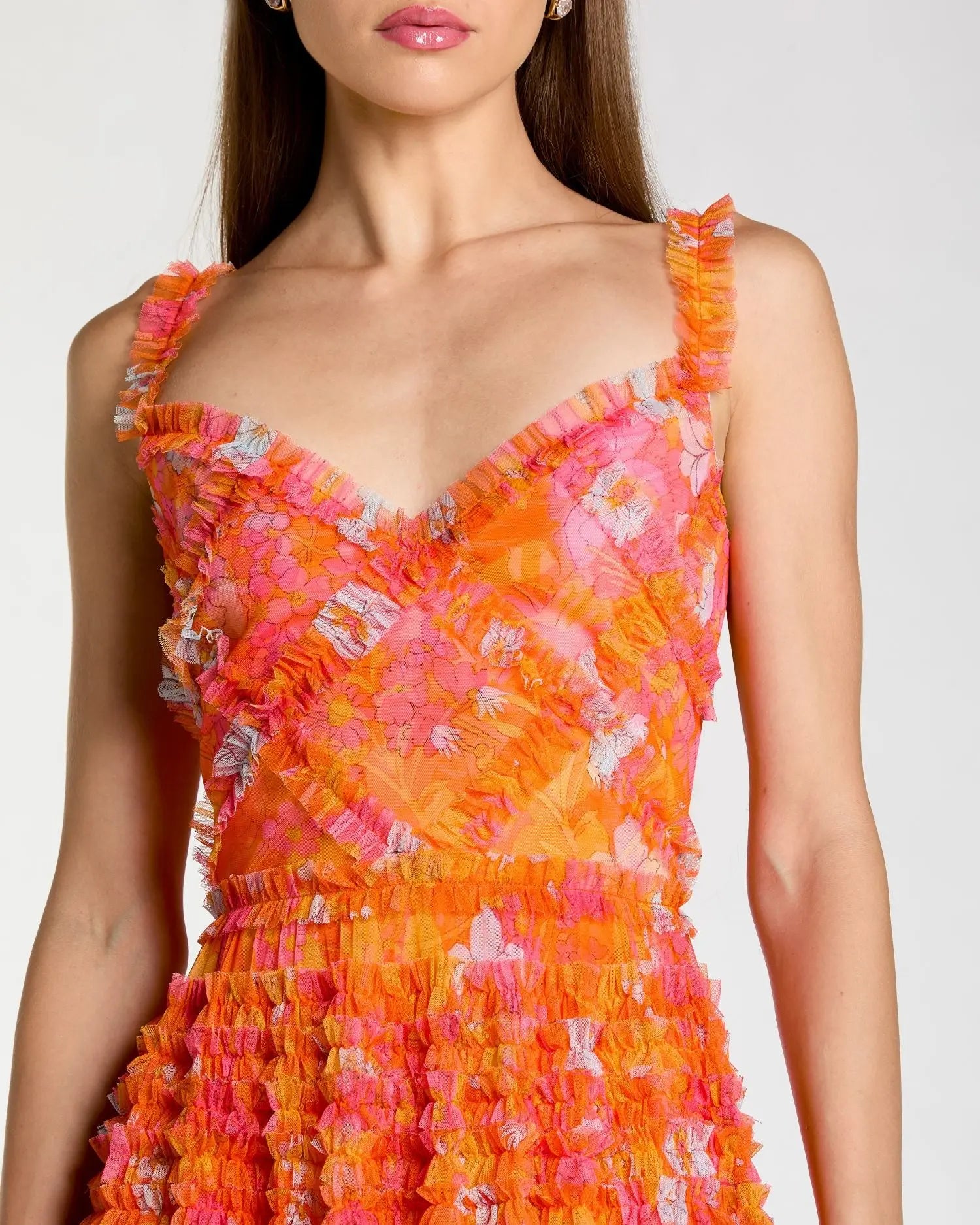 Orange Sleeveless Floral Ruffle A-Line Maxi Dress - Mac Duggal