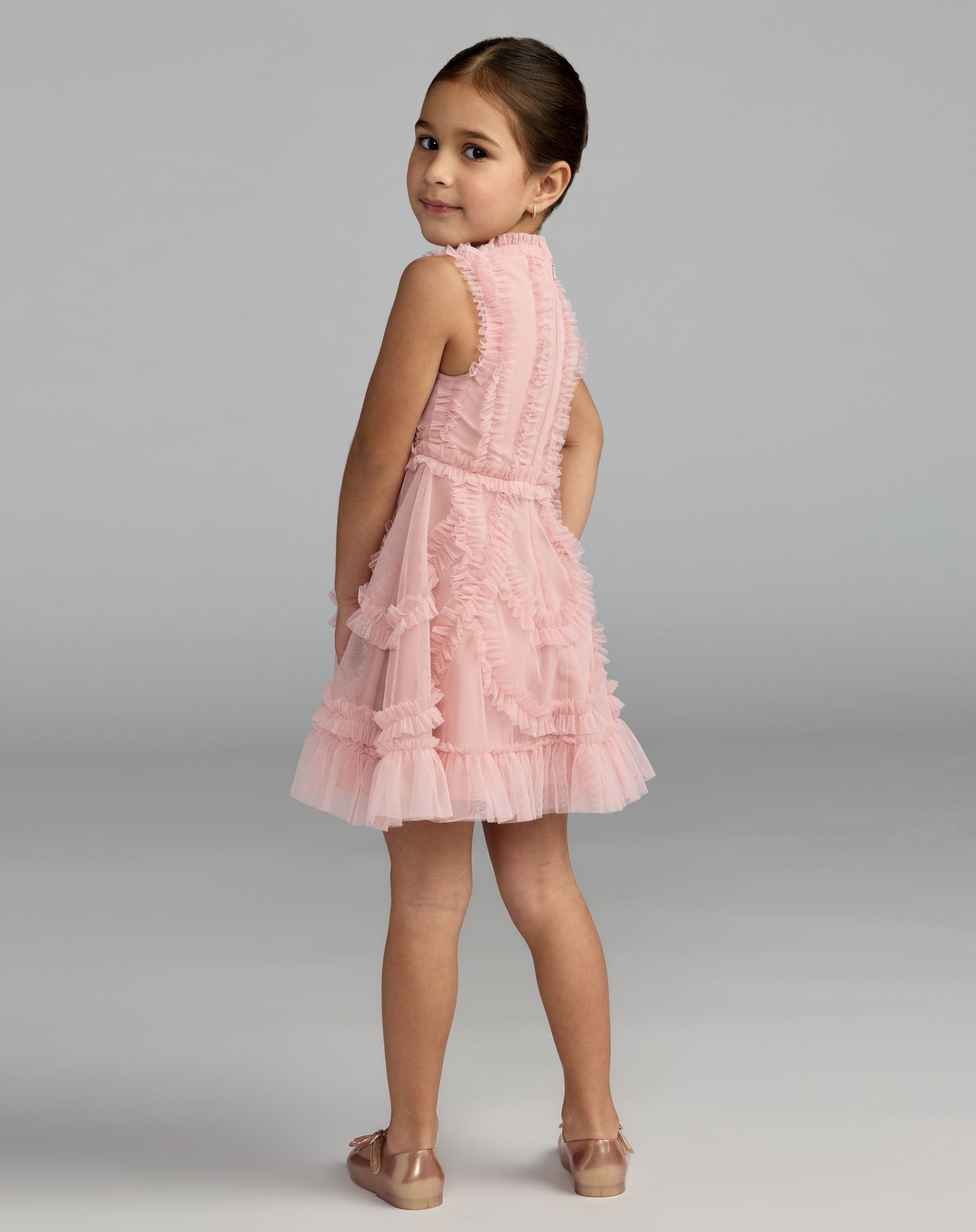 Girls Pink High Neck Sleeveless Micro Ruffle Mini Dress - Mac Duggal