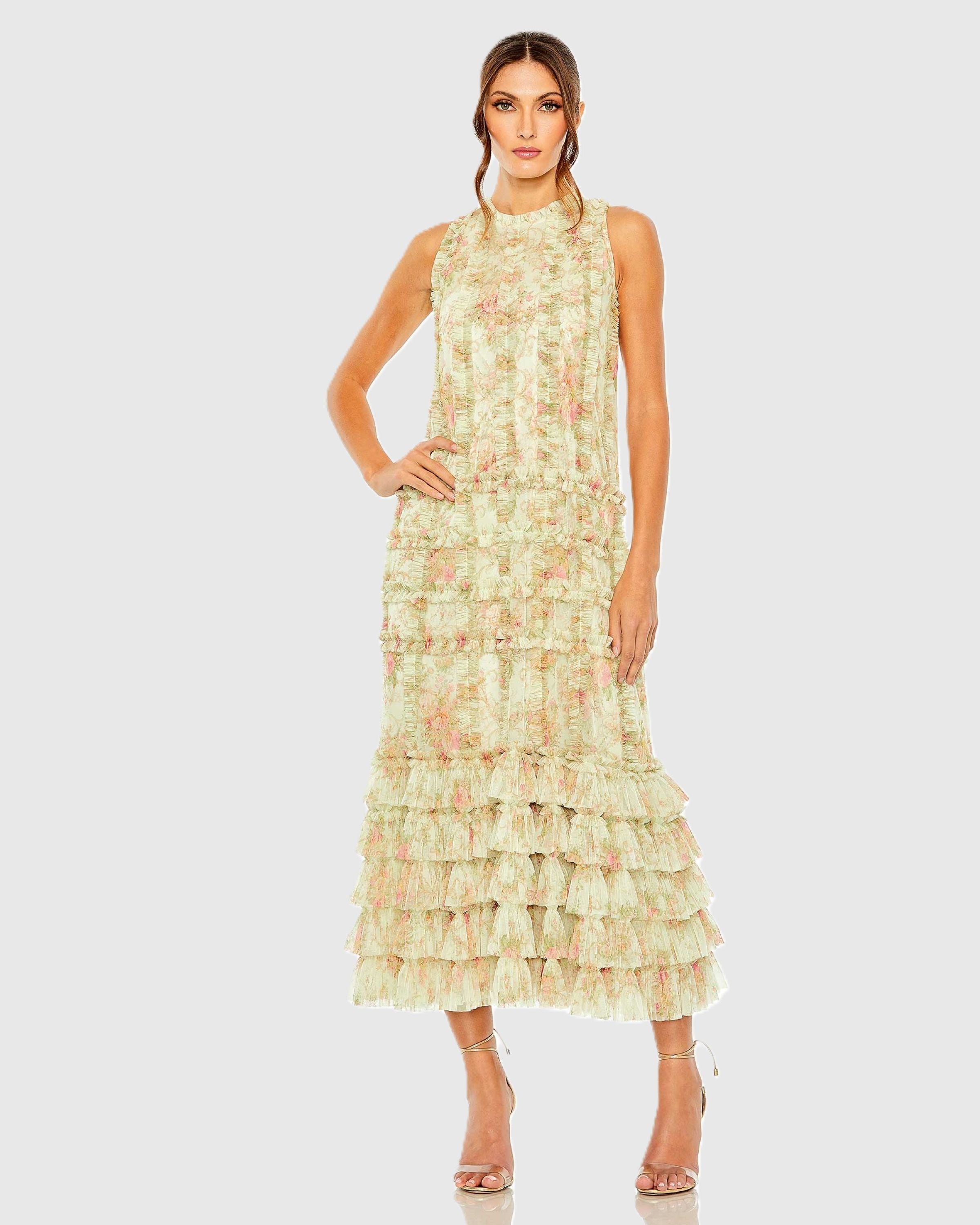 Green Tiered Ruffle Sleeveless Midi Dress