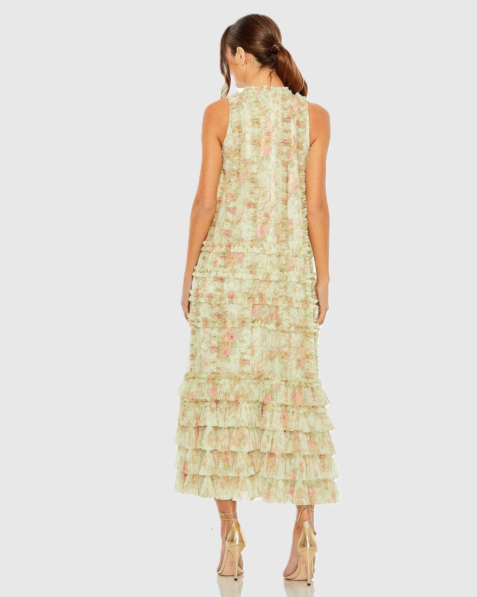 Mac Duggal Tiered Ruffle Sleeveless Midi Dress - Sage Multi Mac Duggal Tiered Ruffle Sleeveless Midi Dress - Sage Multi