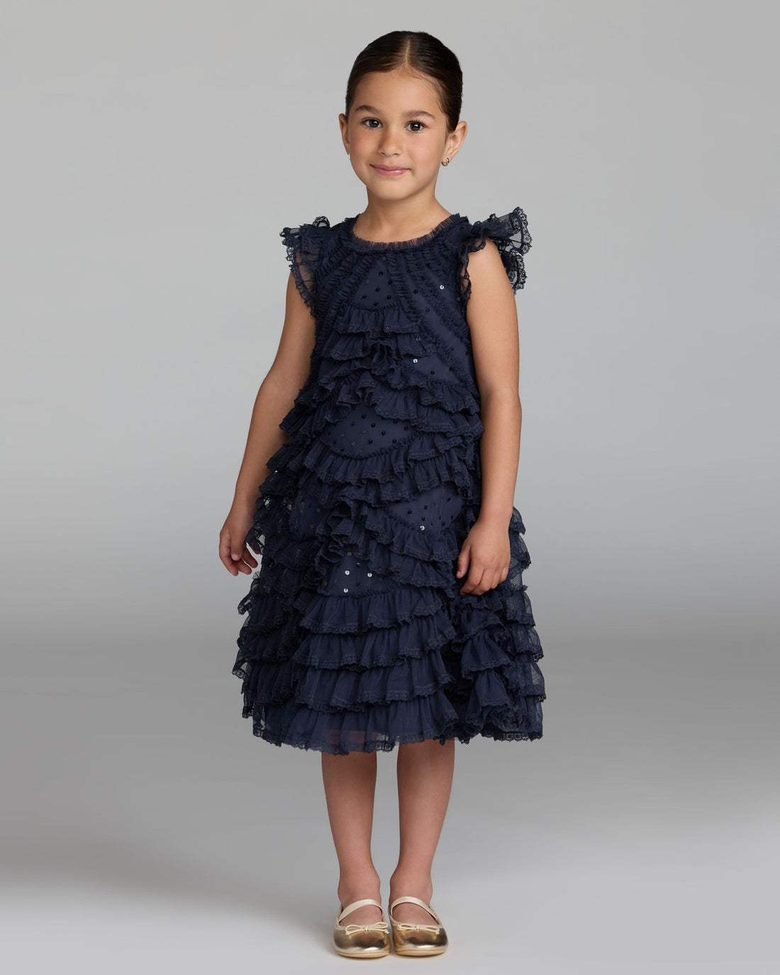 Girls Navy High Neck Cap Sleeve Micro Ruffle Dress Mac Duggal