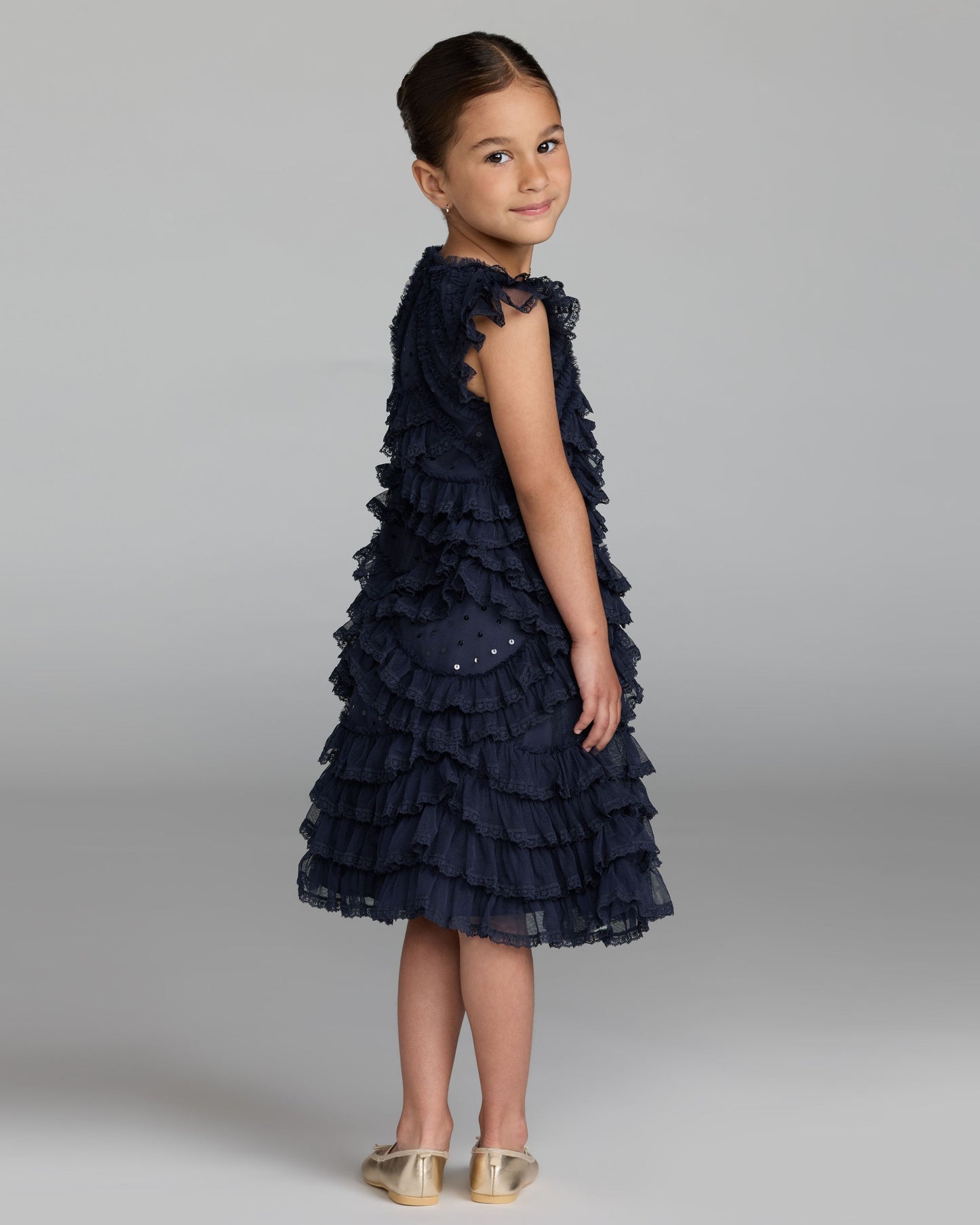 Girls Navy High Neck Cap Sleeve Micro Ruffle Dress Mac Duggal