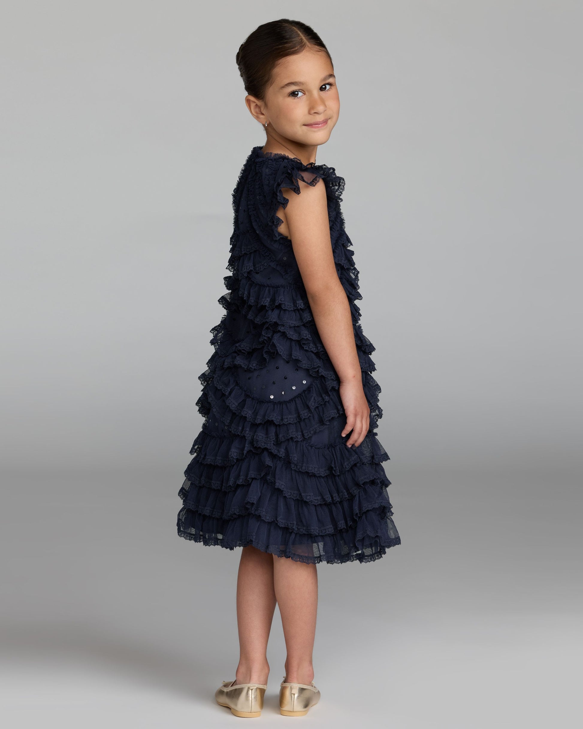 Girls Navy High Neck Cap Sleeve Micro Ruffle Dress Mac Duggal
