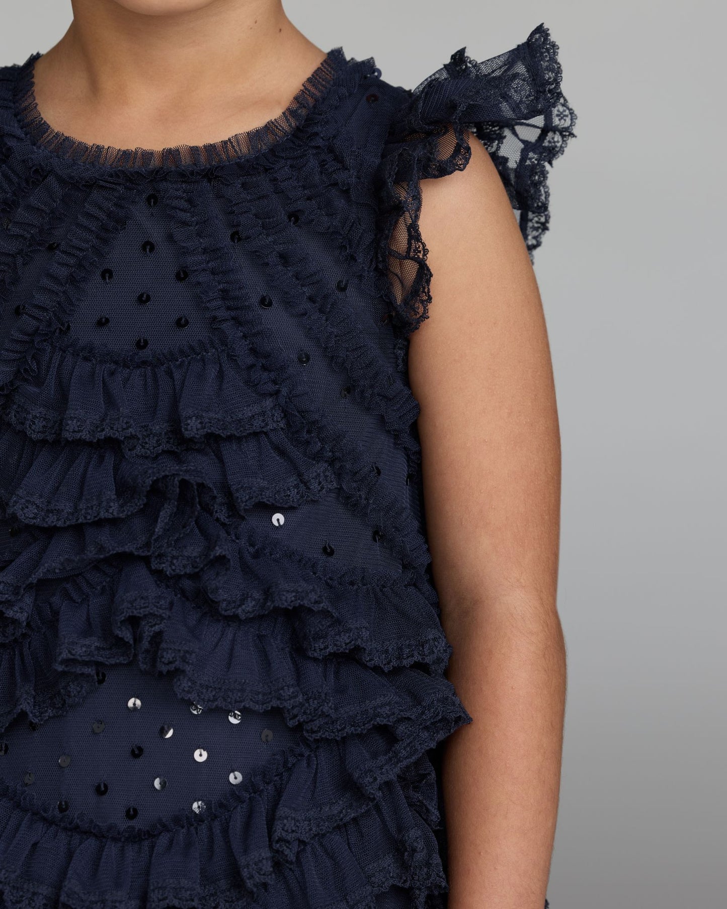 Girls Navy High Neck Cap Sleeve Micro Ruffle Dress Mac Duggal