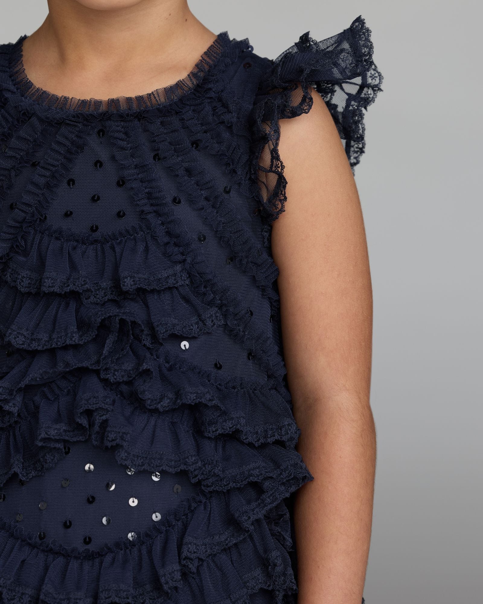 Girls Navy High Neck Cap Sleeve Micro Ruffle Dress Mac Duggal