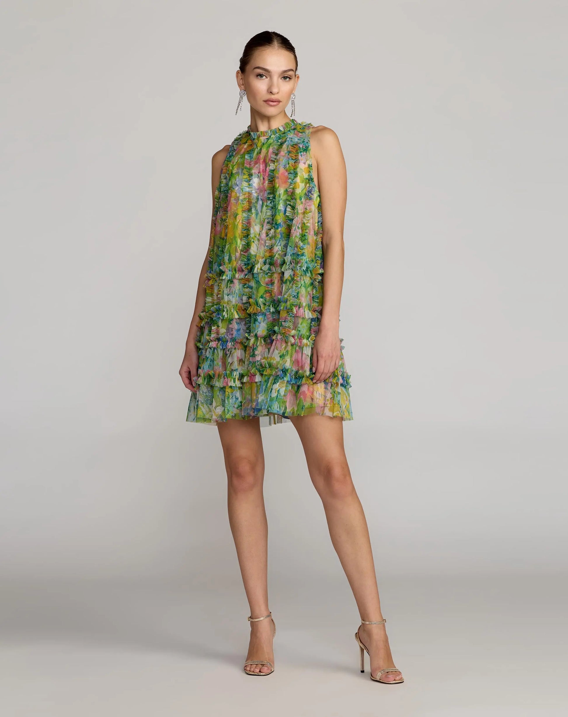 green ruffle mini dress Green Printed Sleeveless High Neck Ruffle Mini Dress