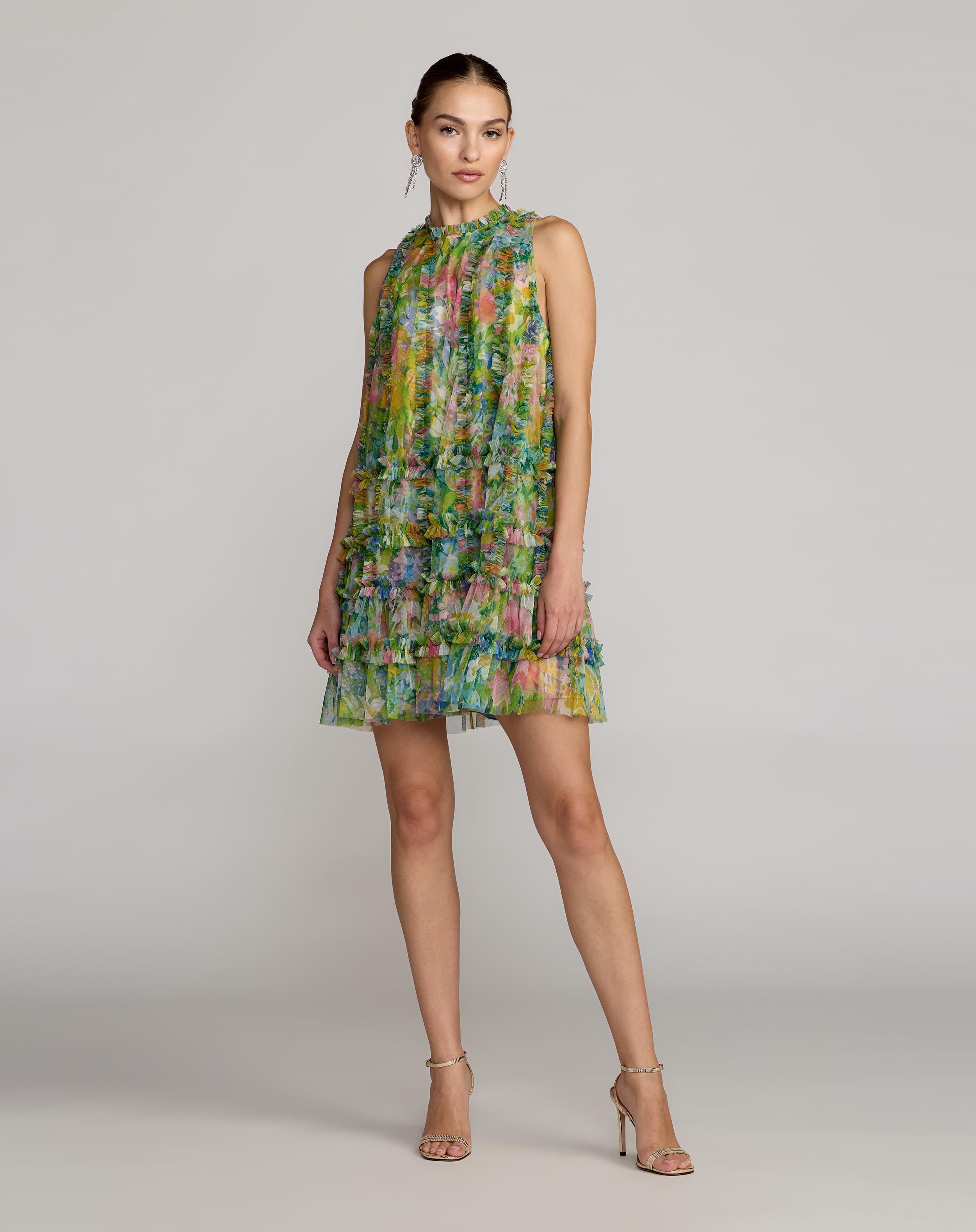 Green Printed Sleeveless High Neck Ruffle Mini Dress Mac Duggal