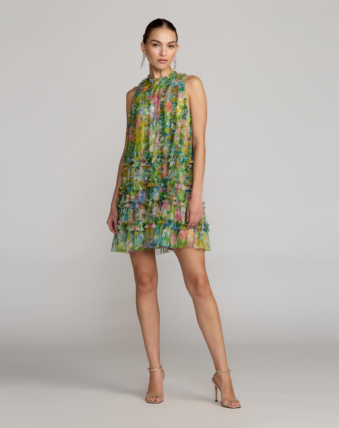 Green Printed Sleeveless High Neck Ruffle Mini Dress Mac Duggal
