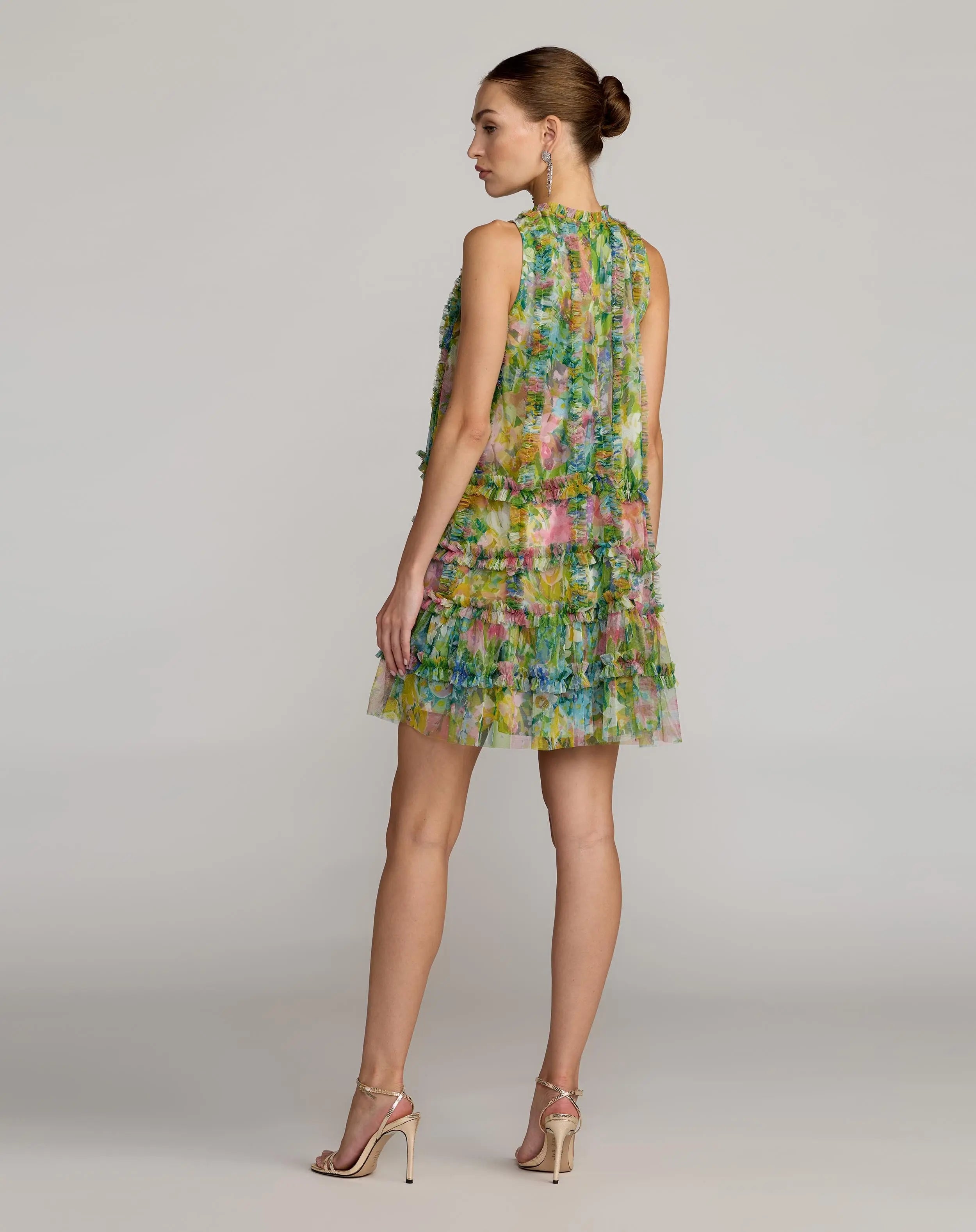 Green Printed Sleeveless High Neck Ruffle Mini Dress Mac Duggal