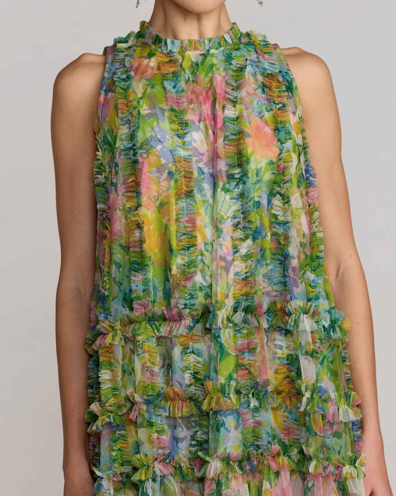 Green Printed Sleeveless High Neck Ruffle Mini Dress Mac Duggal