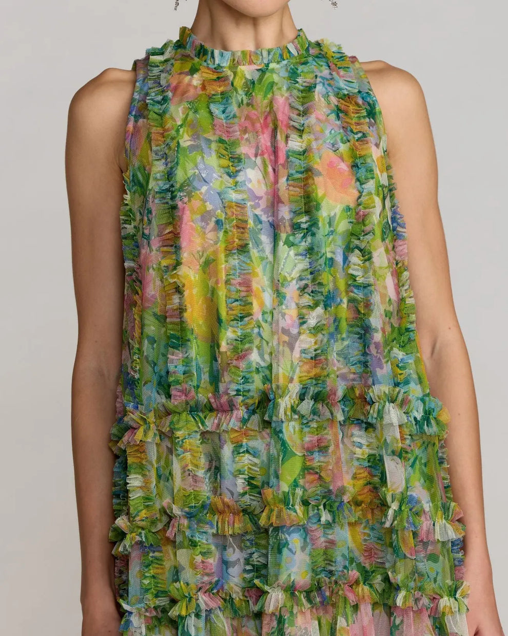 Green Printed Sleeveless High Neck Ruffle Mini Dress | Mac Duggal