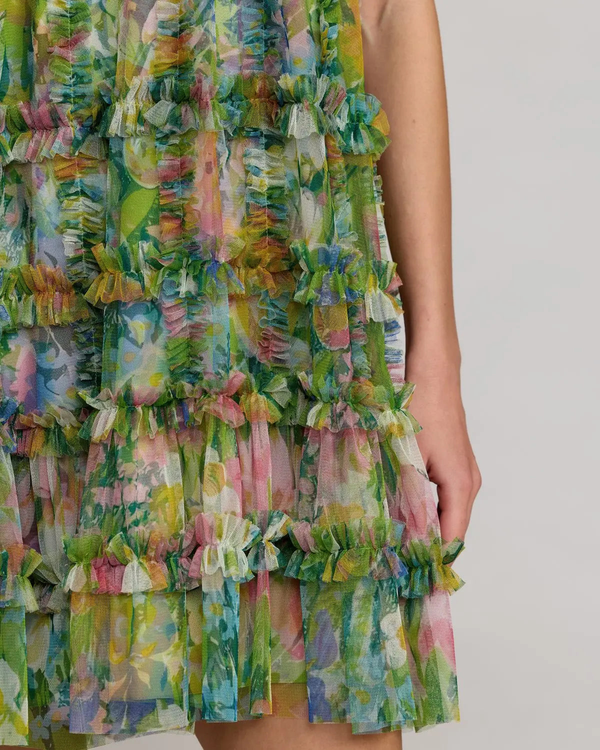 Green Printed Sleeveless High Neck Ruffle Mini Dress Mac Duggal