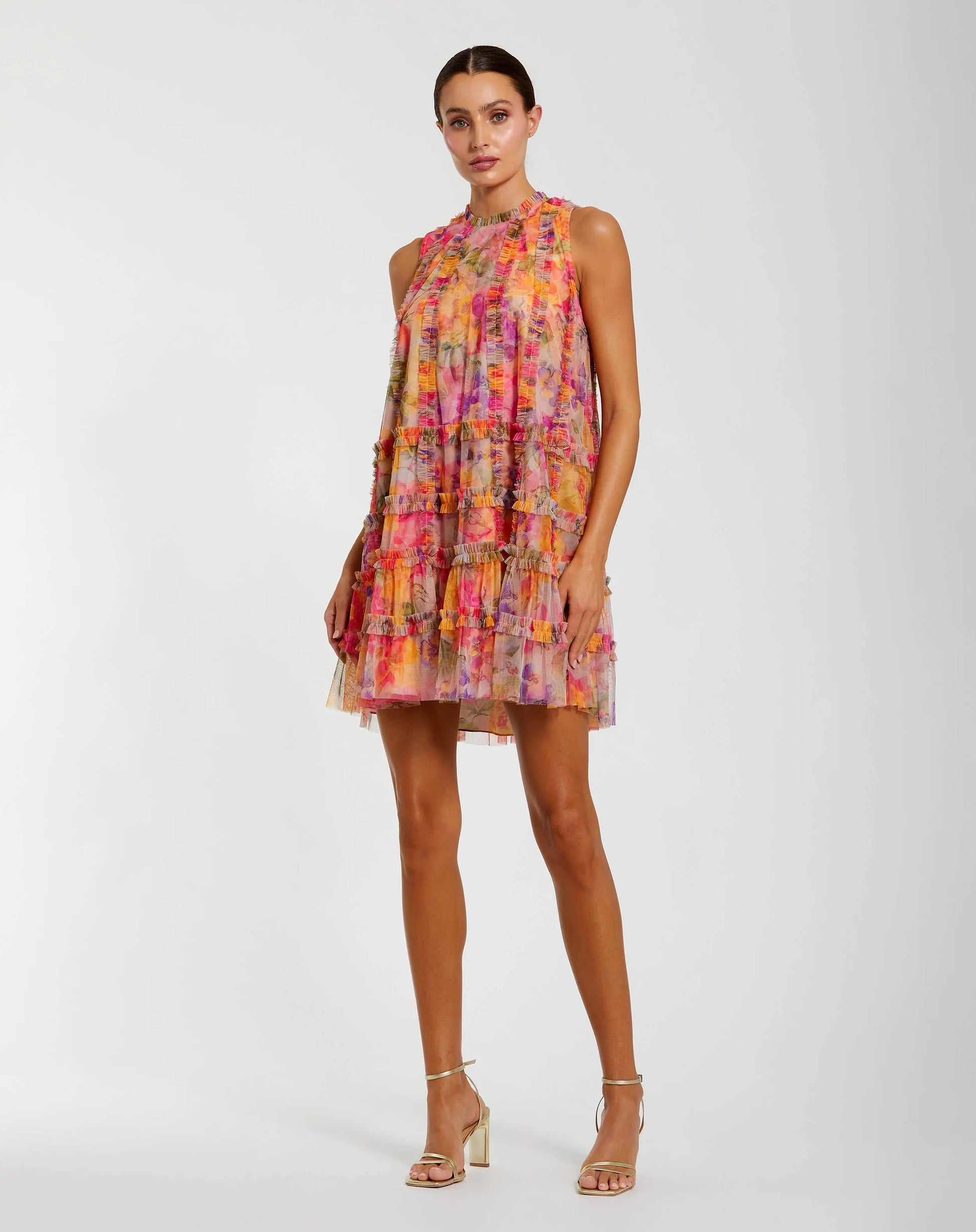 mac duggal sleeveless ruffle mini dress Beige Sleeveless High Neck Beaded Ruffle Mini Dress