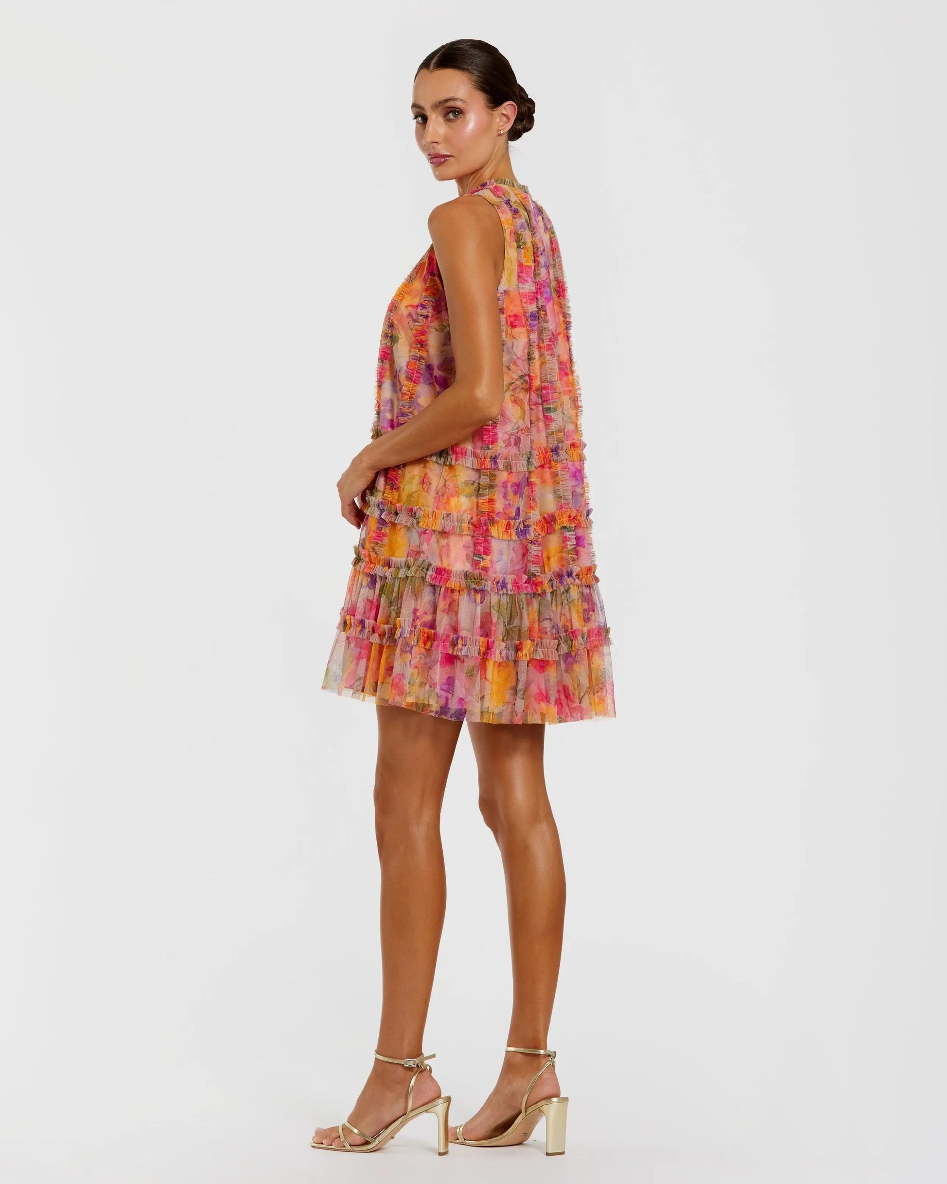 Mac Duggal - Multicolor Printed Sleeveless High Neck Ruffle Mini Dress - L Mac Duggal - Multicolor Printed Sleeveless High Neck Ruffle Mini Dress - L
