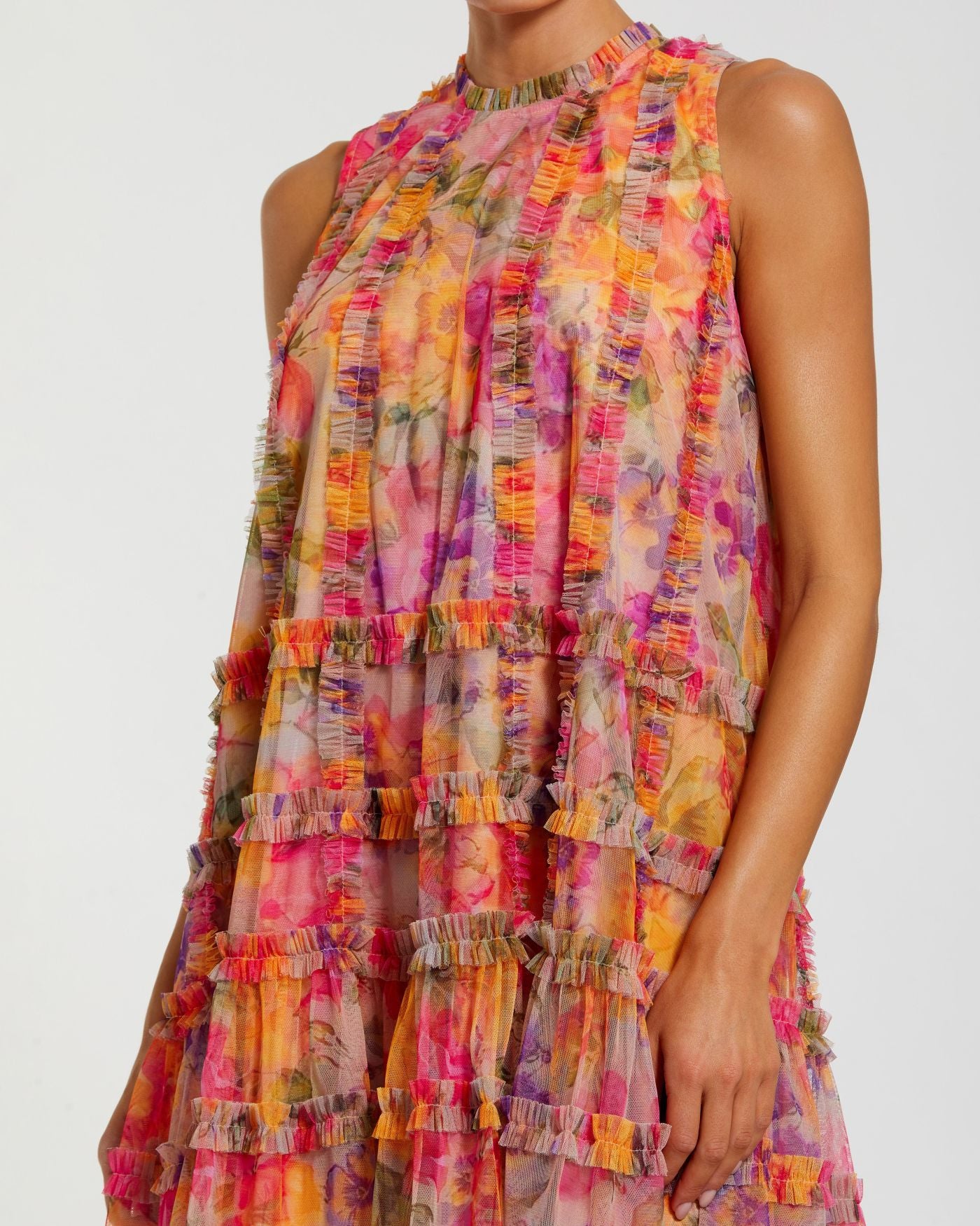 Multicolor Printed Sleeveless High Neck Ruffle Mini Dress