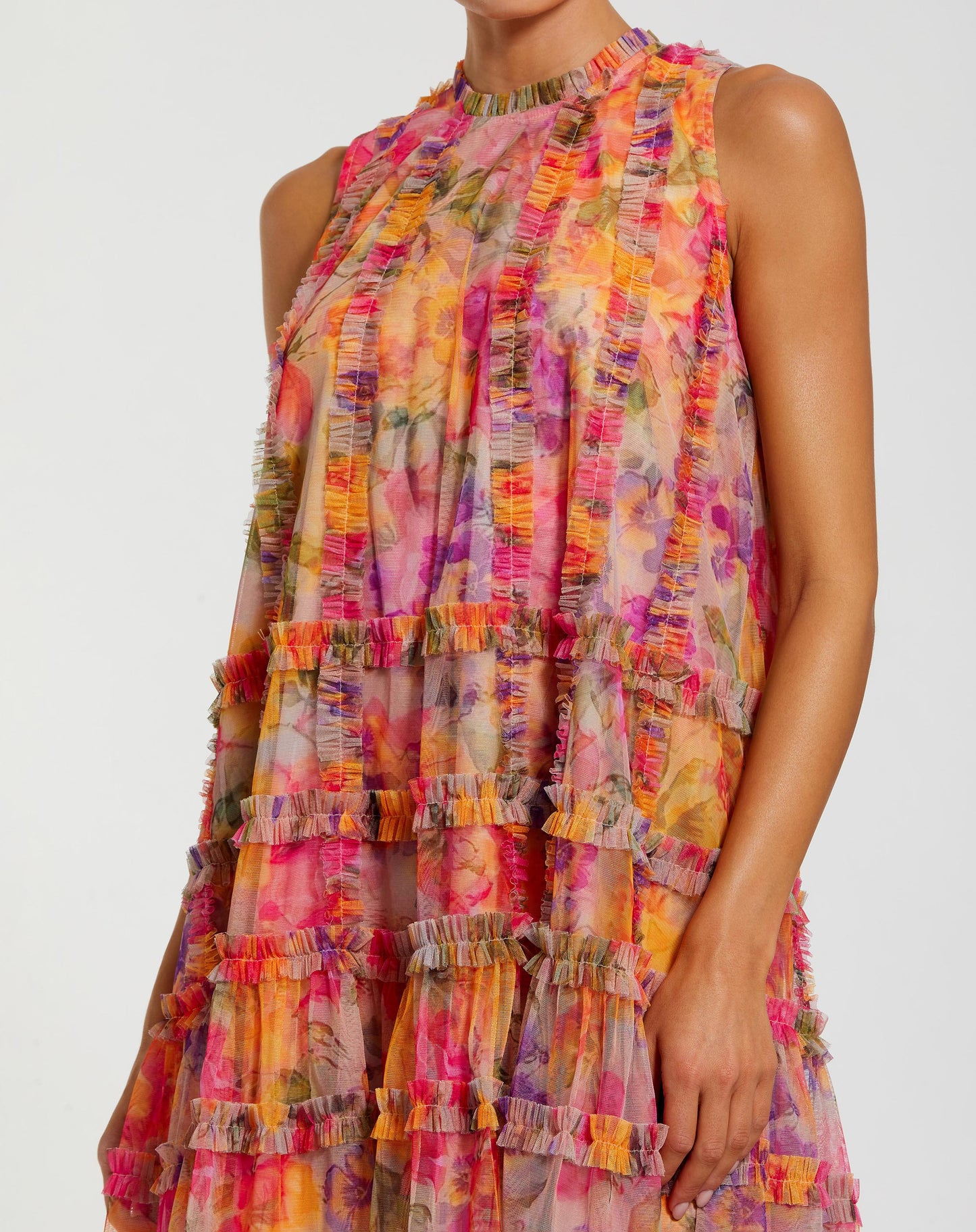 Multicolor Printed Sleeveless High Neck Ruffle Mini Dress