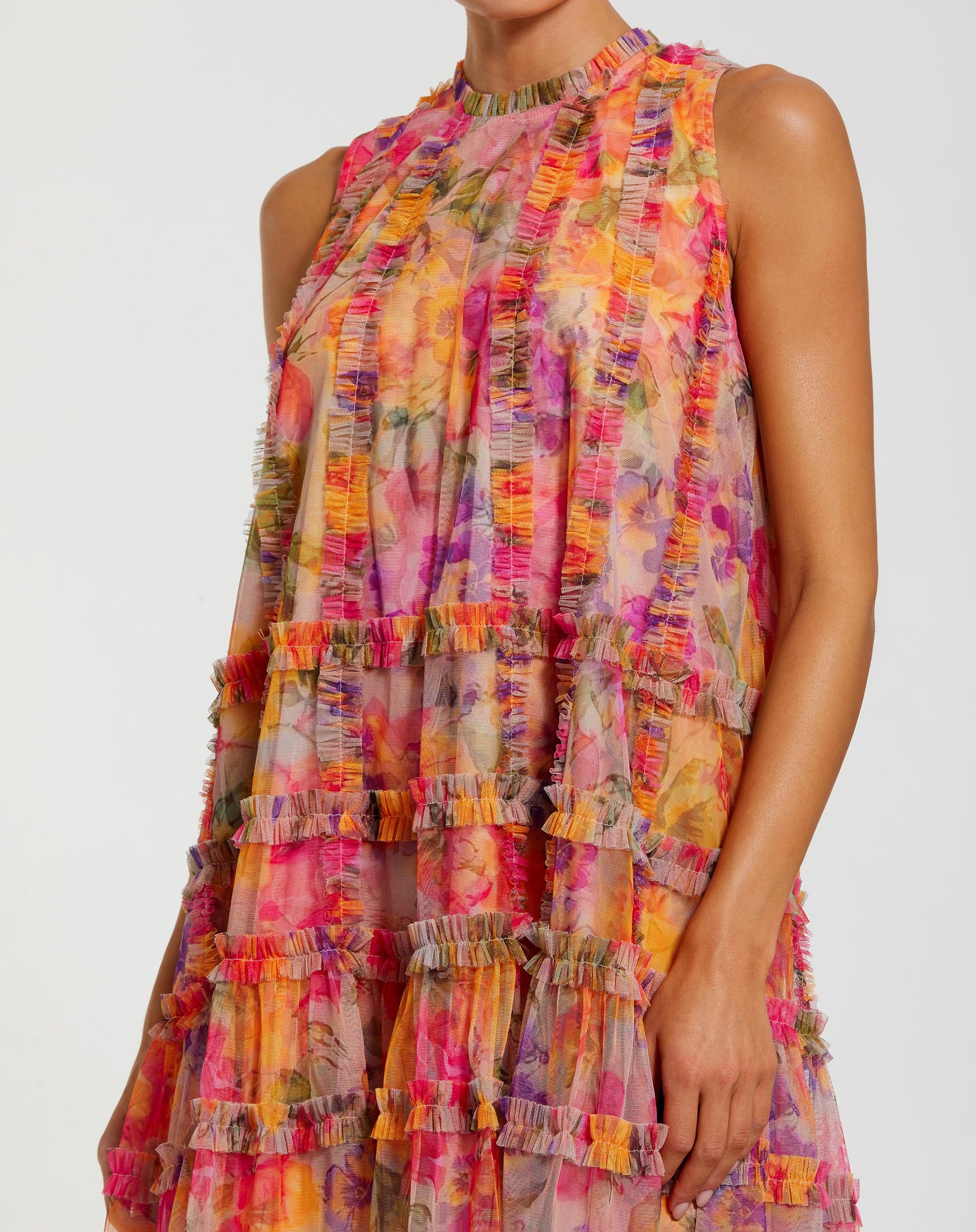 Multicolor Printed Sleeveless High Neck Ruffle Mini Dress