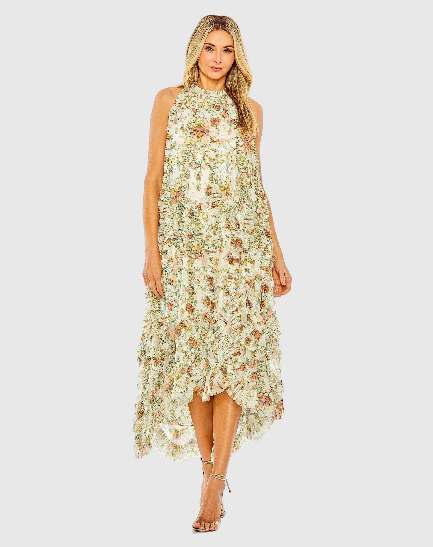 Ivory Sleeveless High Neck Lattice Ruffle Floral Dress
