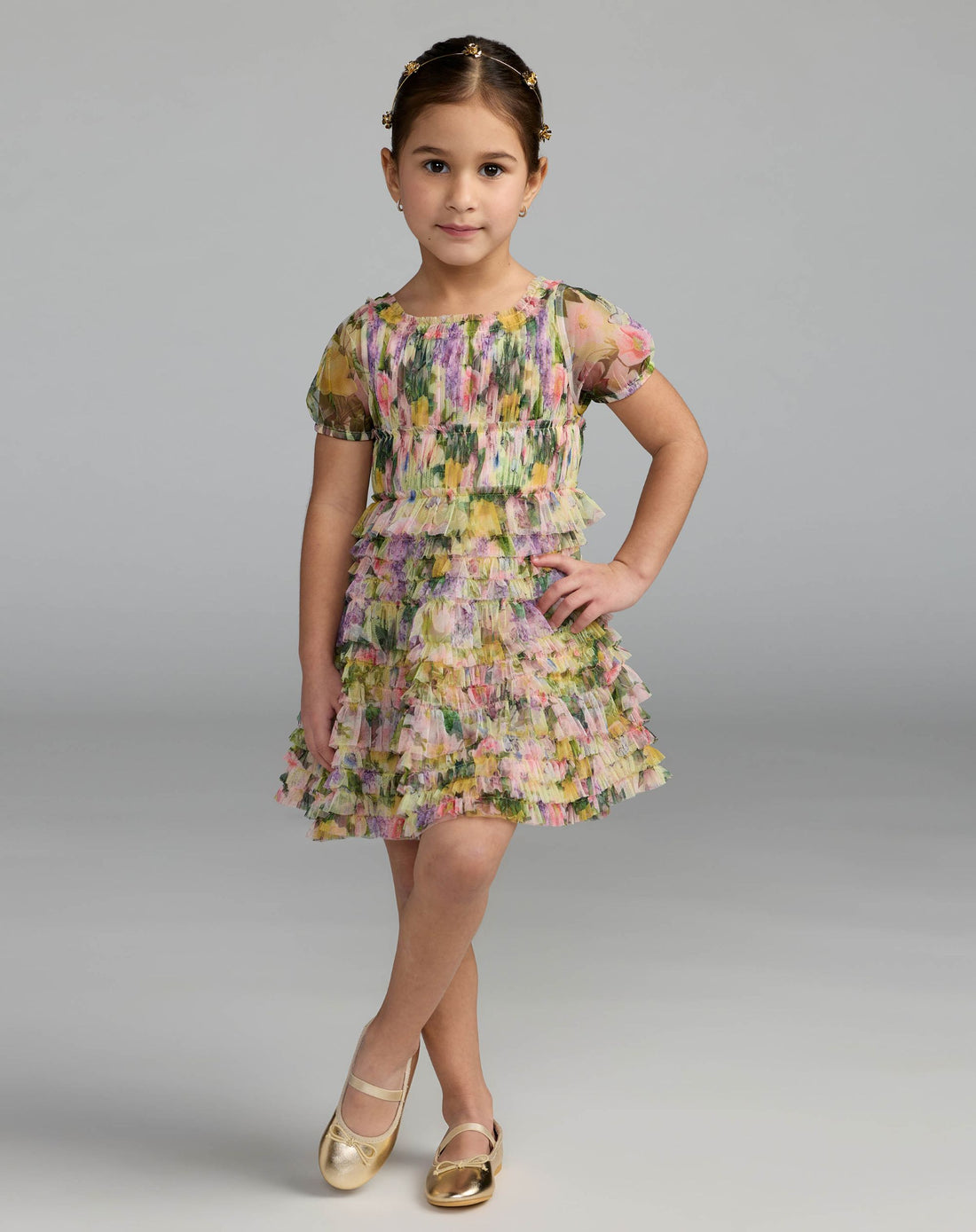 Girls Multicolor Floral Scoop Neck Ruffle Dress- Mac Duggal