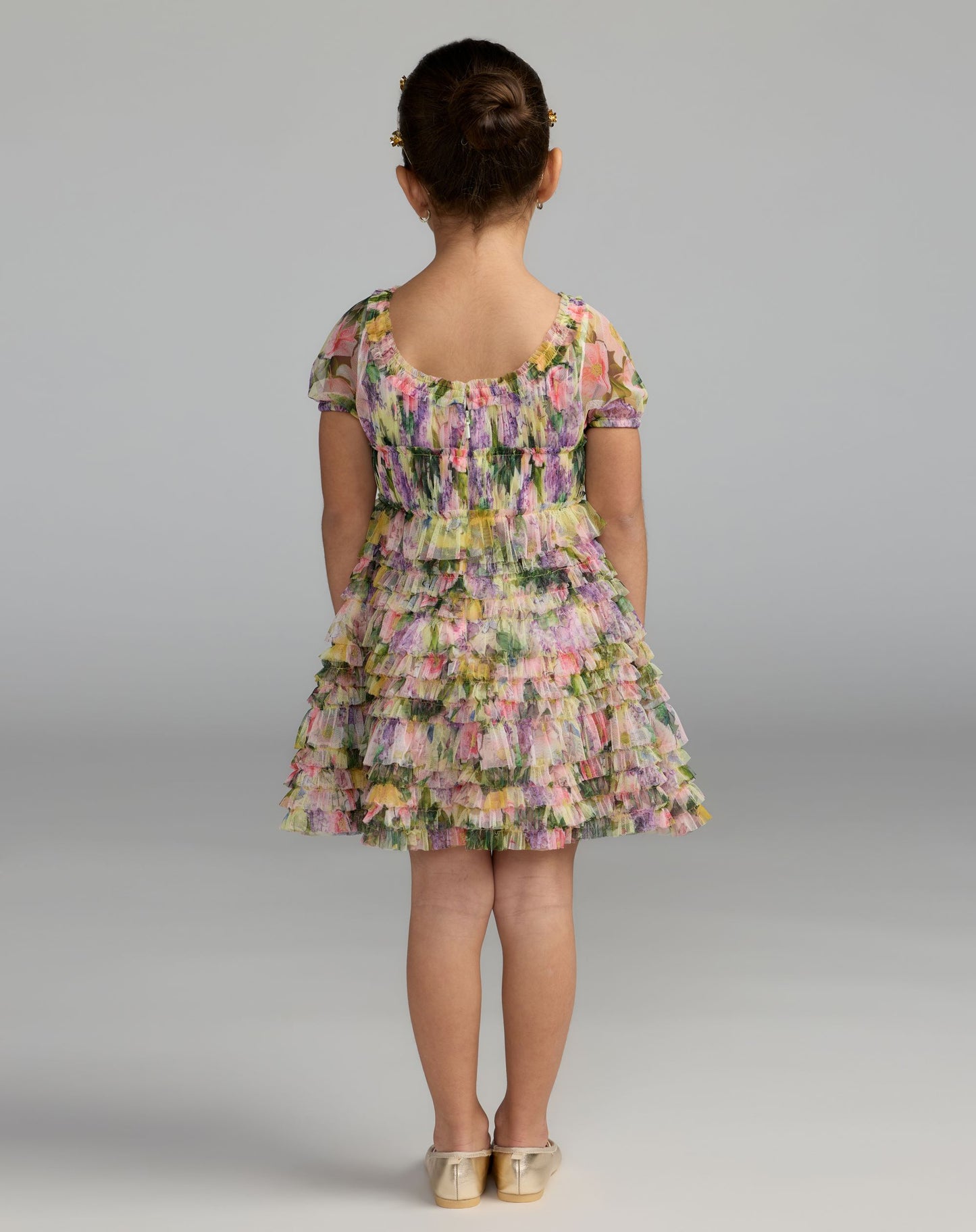 Girls Multicolor Floral Scoop Neck Ruffle Dress- Mac Duggal