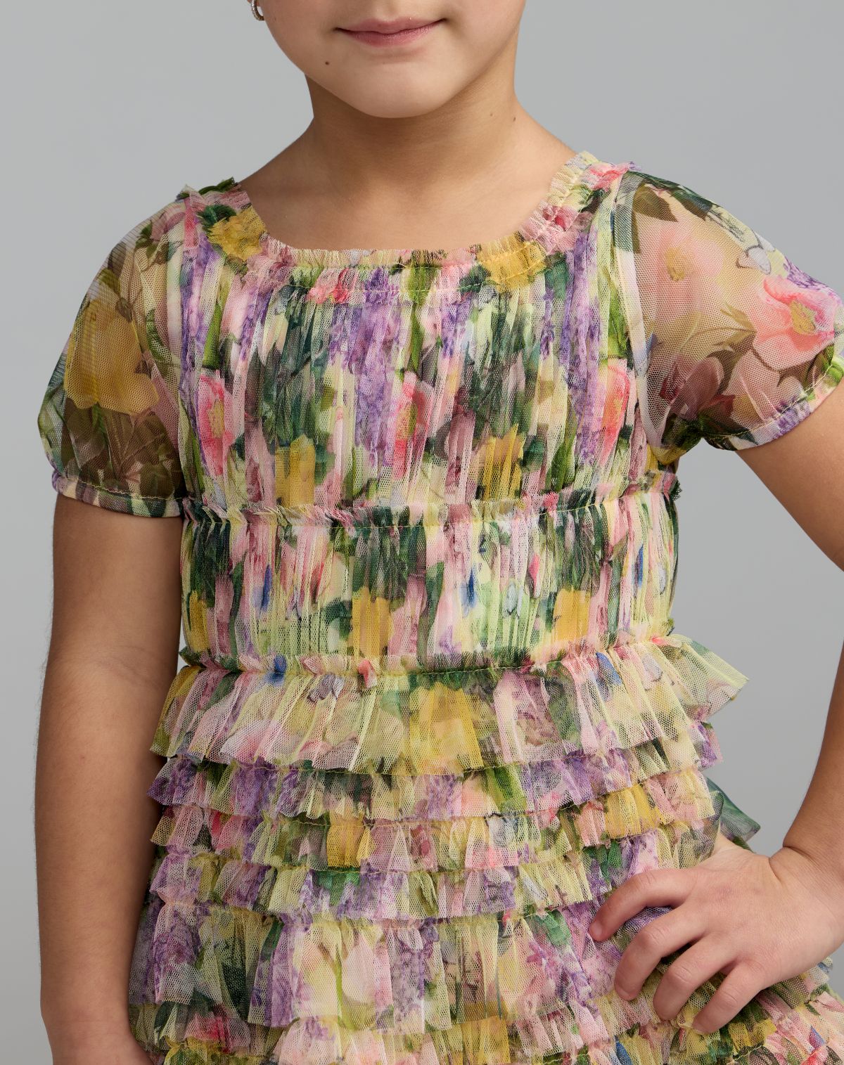 Girls Multicolor Floral Scoop Neck Ruffle Dress- Mac Duggal